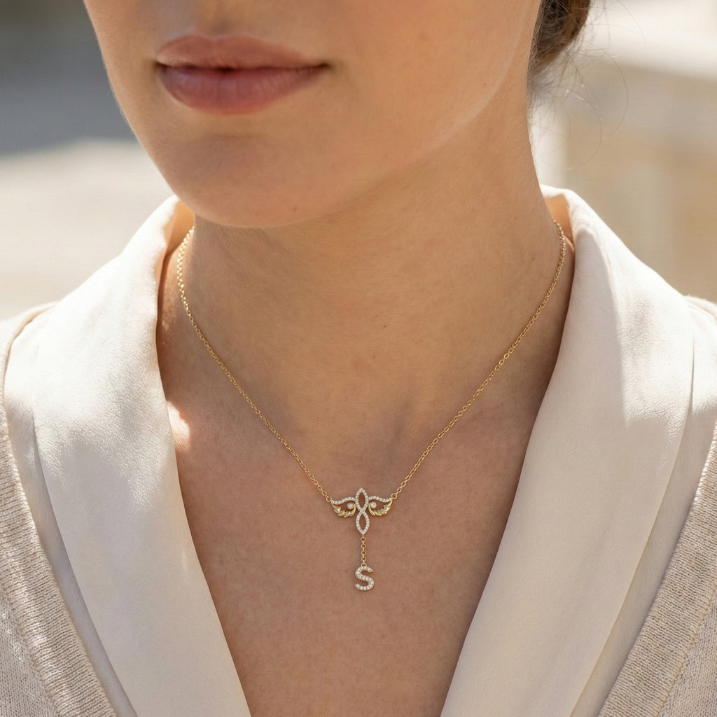 Personalized Infinity Angel Wing Initial Drop Pendant Necklace in Lab Diamond – 14K Solid Gold, Wedding Gift for Her, Modern Bridal Jewelry, Daily Wear