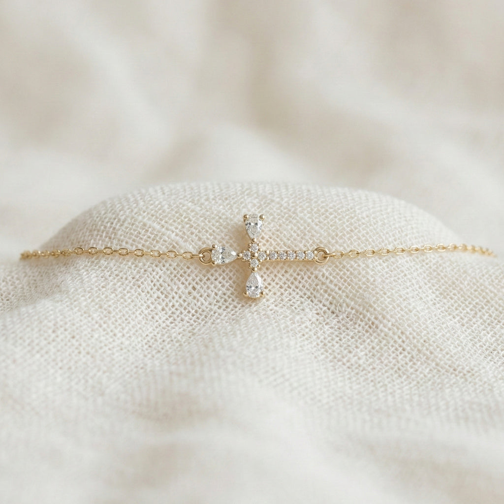 Modern Religious Cross Chain Bracelet with 14K Solid Gold, 0.75 TCW Pear Cut Lab Created Diamonds, Bridal Jewelry, Wedding Gift For Her