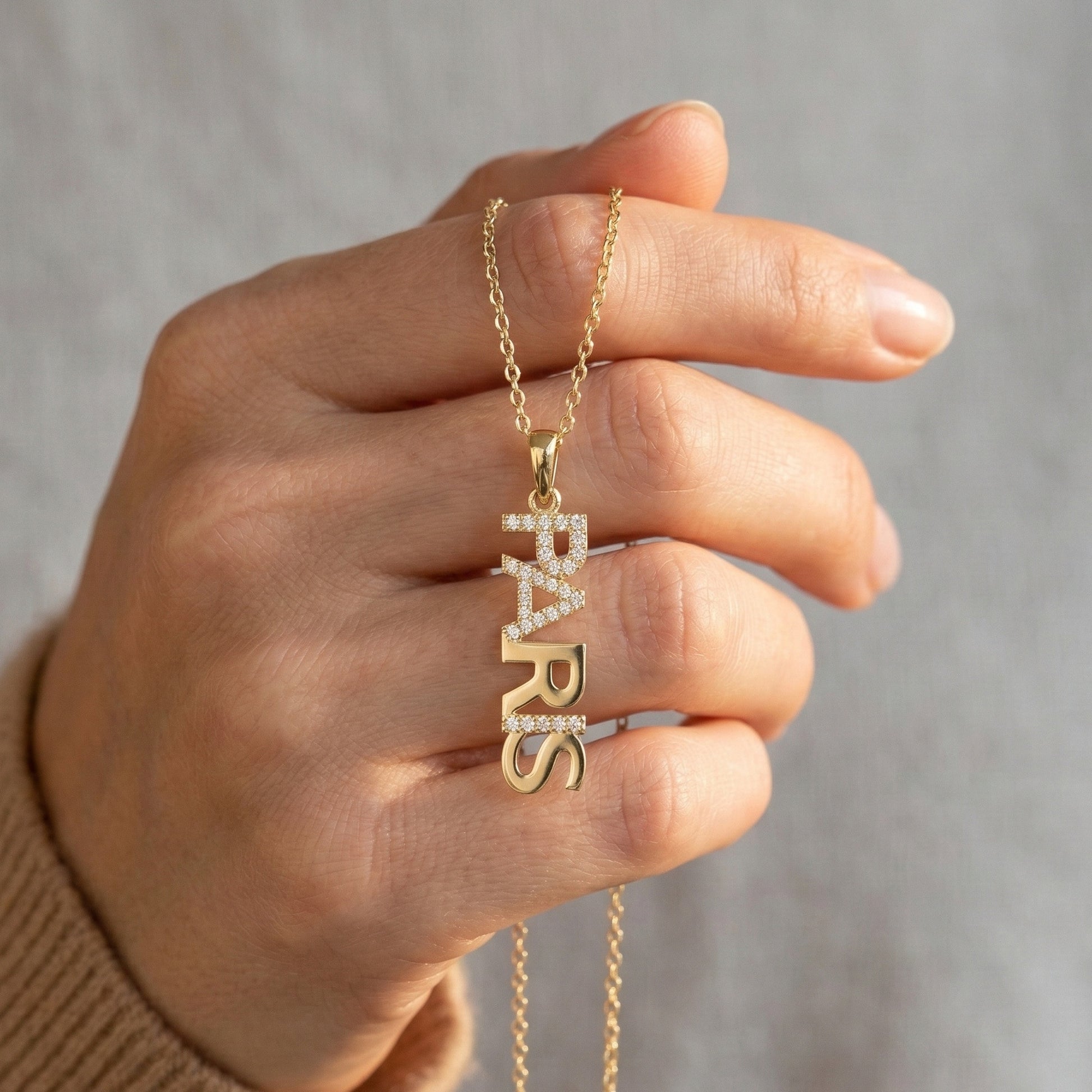 14K Solid Gold Custom Vertical Name Pendant with Diamonds, Personalized Pave Gold Fine Jewelry, Elegant Dainty Vertical Nameplate Pendant for Her