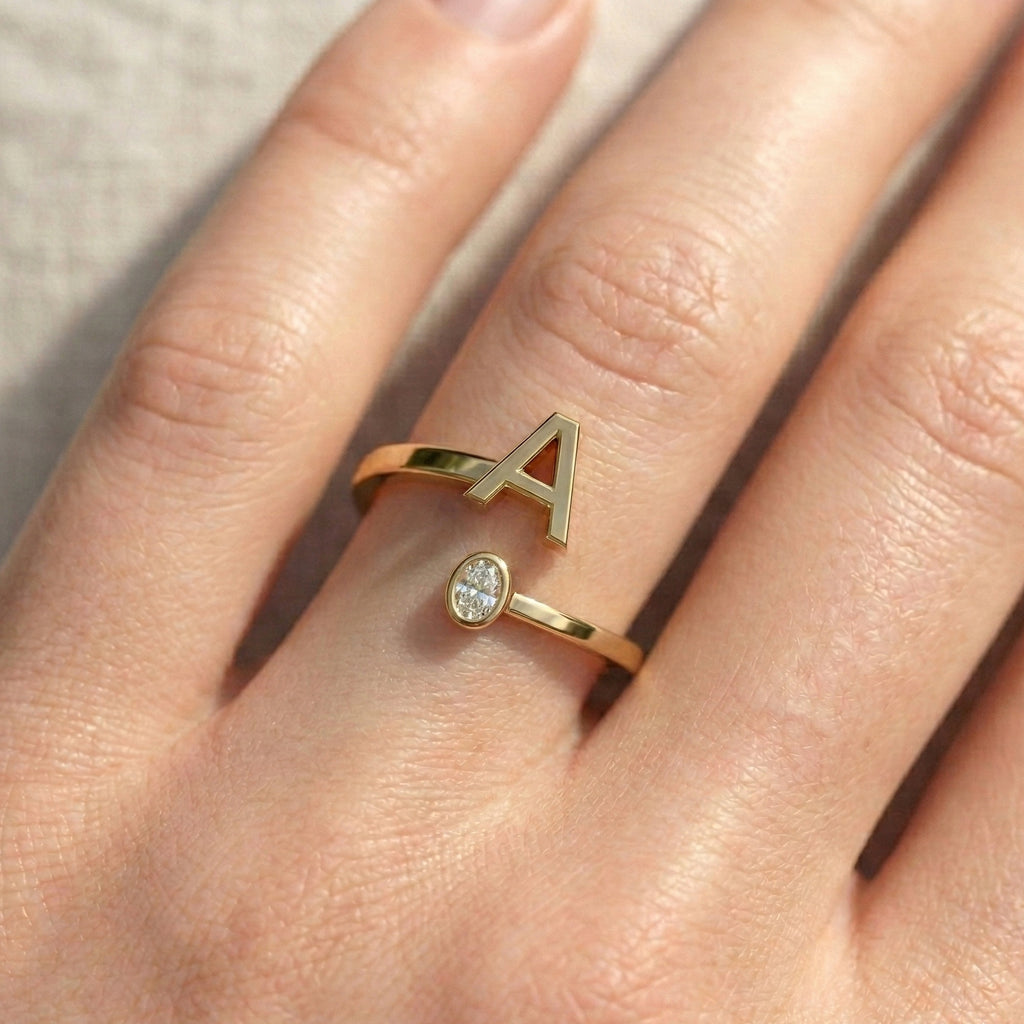Trending Oval Cut Diamond and Initial Open Ring in 14K Solid Gold, Personalized Dainty Gold Cuff Ring, Custom Letter Bypass Jewelry, Gift for Her