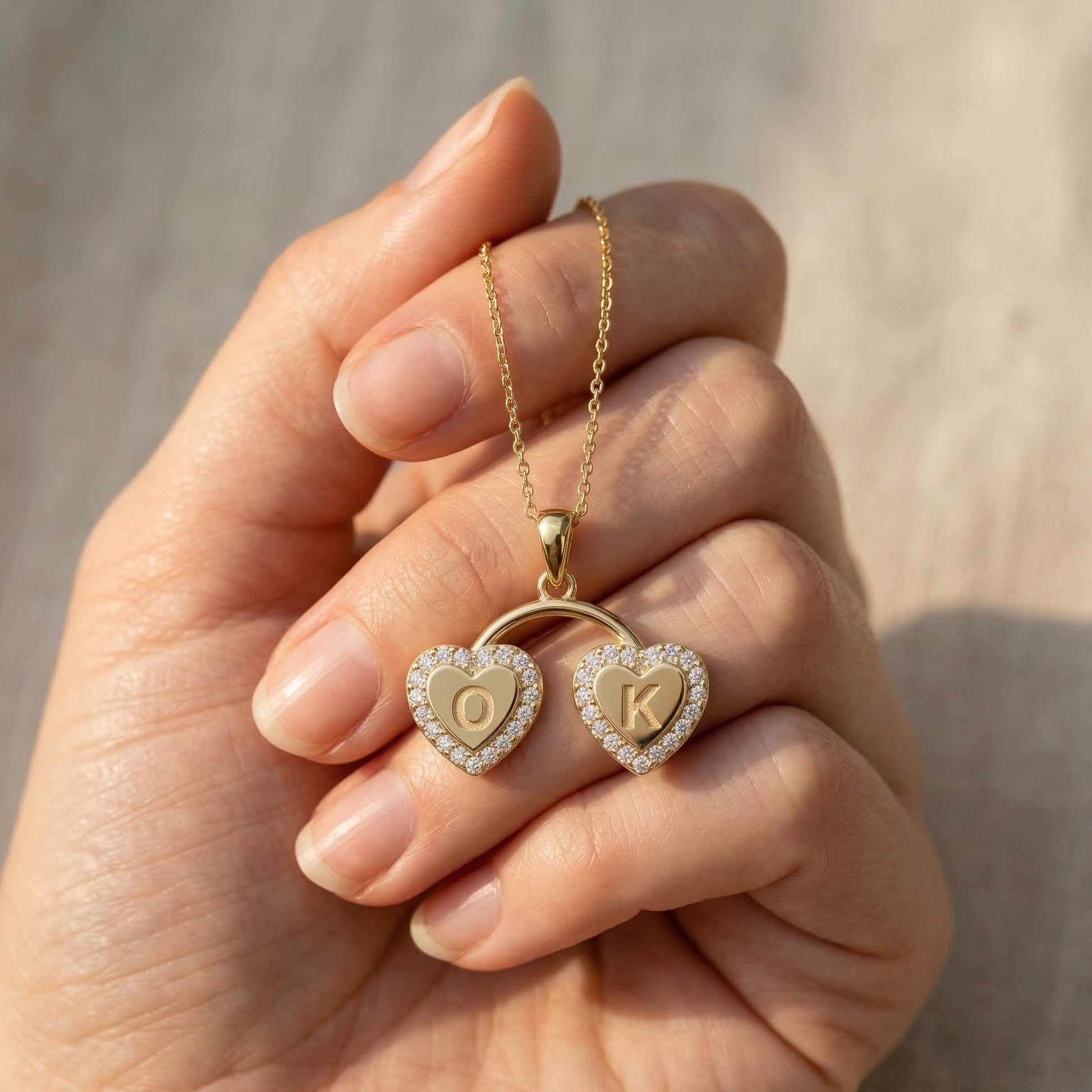 Personalized Halo Heart Monogram Pendant in 14K Solid Gold, Custom Double Initial Pendant, Gift for Her, Gold Linked Heart Pendant, Pavé Heart Jewelry, Unique Gift for Women