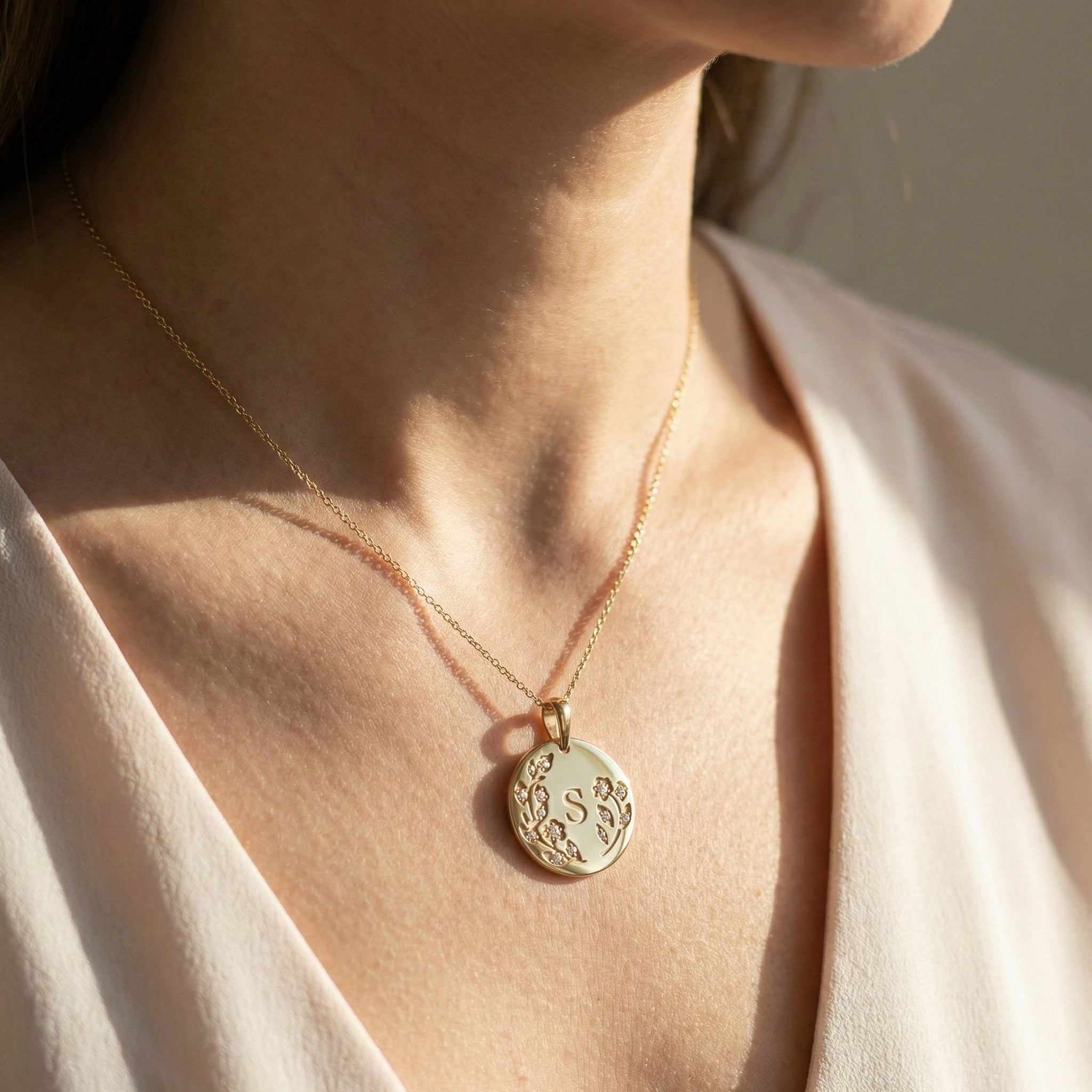 Botanical Initial Diamond Disc Pendant in 14K Solid Gold, Personalized Gold Coin Charm, Floral Letter Pendant, Custom Monogram Jewelry, Gift for Her