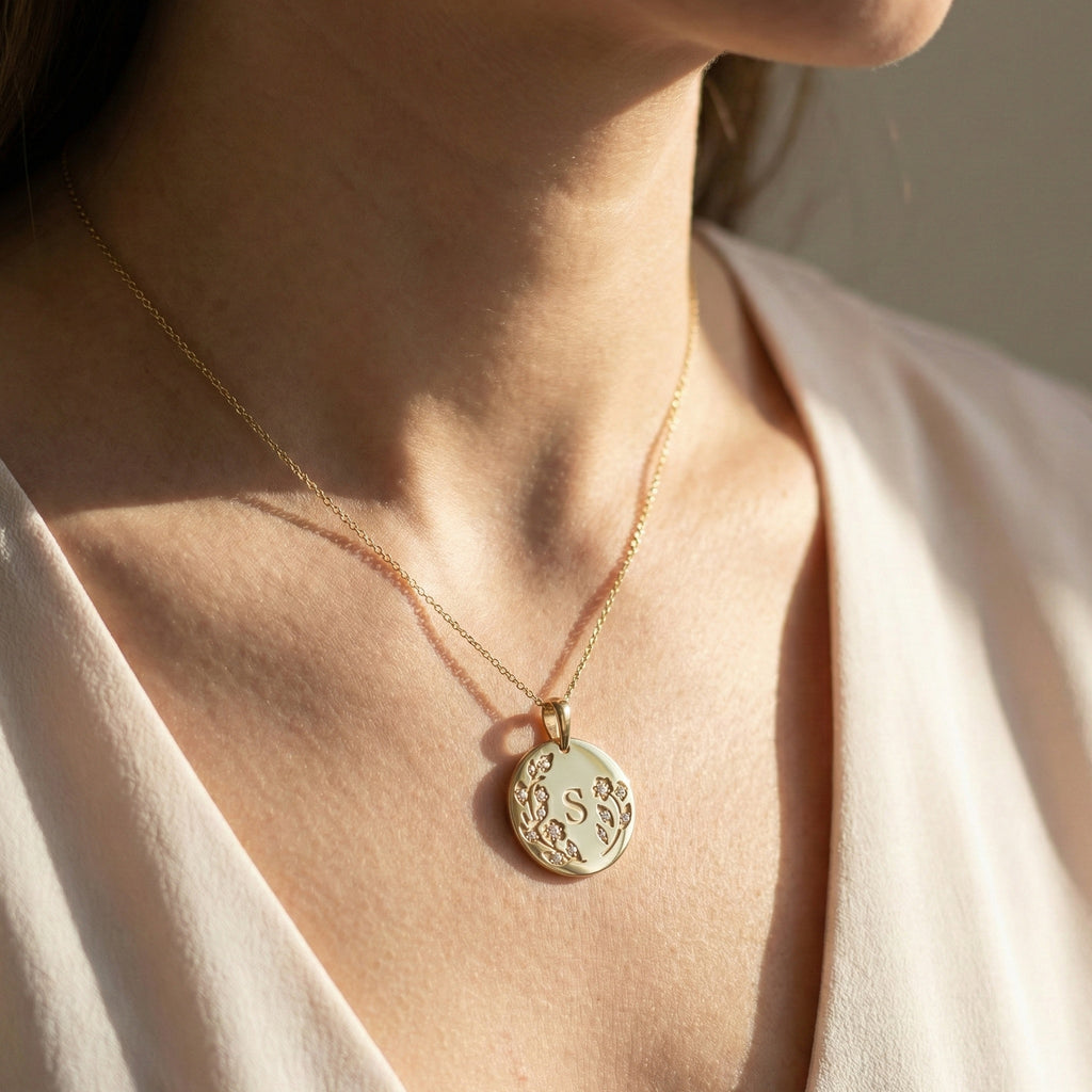 Botanical Initial Diamond Disc Pendant in 14K Solid Gold, Personalized Gold Coin Charm, Floral Letter Pendant, Custom Monogram Jewelry, Gift for Her