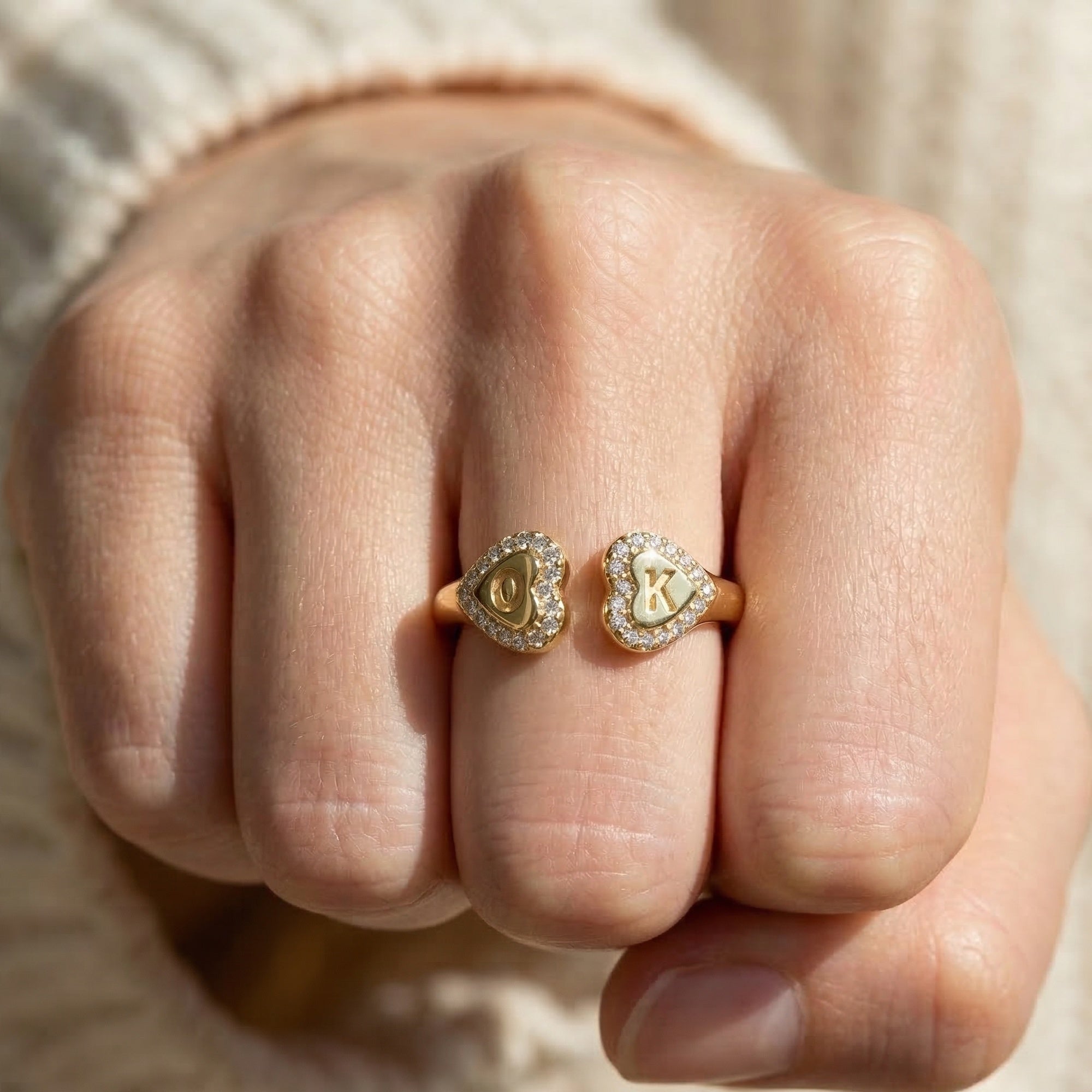 14K Solid Gold Personalized Heart Halo Initial Engagement Ring, Custom Two Letter Open Cuff Ring, Romantic Gift for Her, Diamond Initial Jewelry