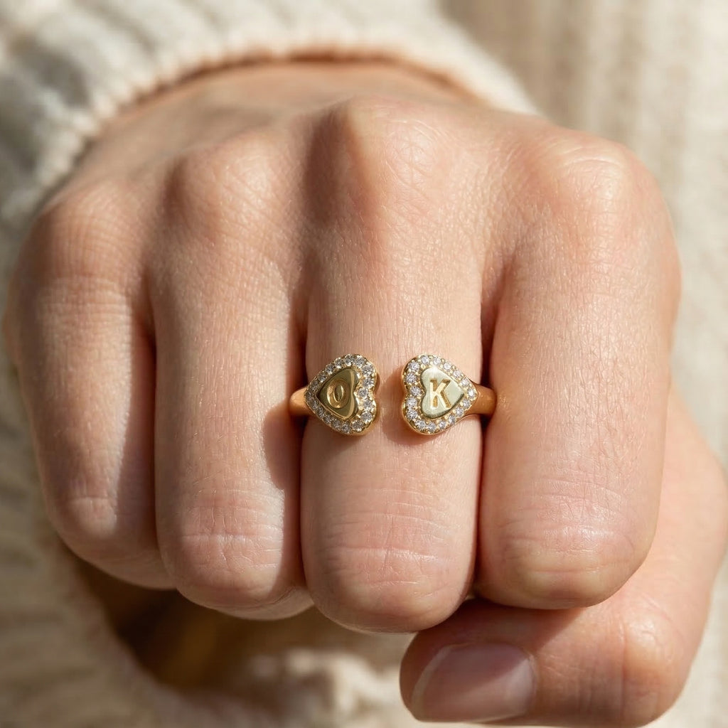 14K Solid Gold Personalized Heart Halo Initial Engagement Ring, Custom Two Letter Open Cuff Ring, Romantic Gift for Her, Diamond Initial Jewelry