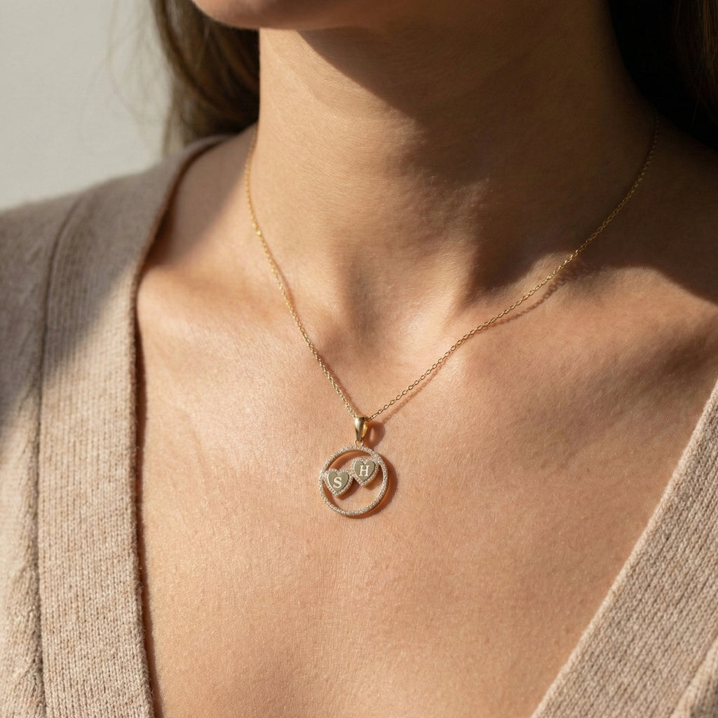 14K Solid Personalized Double Initial Signature Orbit Petite Heart Monogram Pendant, Duo Circle Custom Pendant, Romantic Gift for Wife