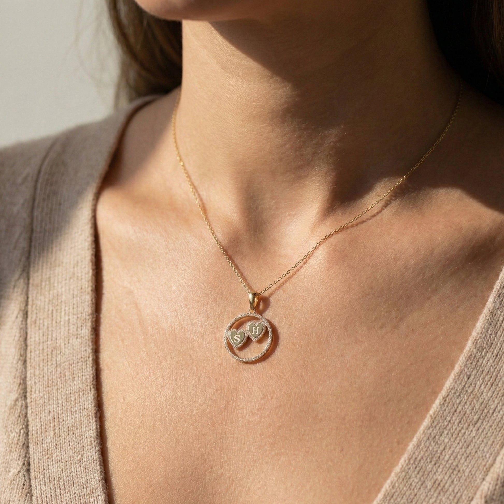 14K Solid Personalized Double Initial Signature Orbit Petite Heart Monogram Pendant, Duo Circle Custom Pendant, Romantic Gift for Wife