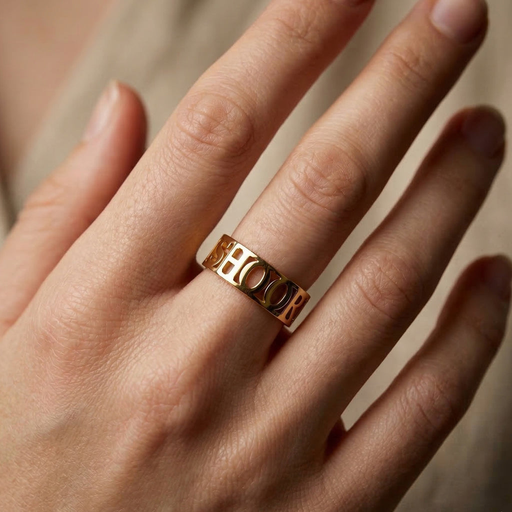 14k Solid Gold Modern Personalized Name Custom Wedding Band, Wide Statement Band, Custom Word Jewelry, Birthday Gift for Her/Him, Daily Wear Jewelry