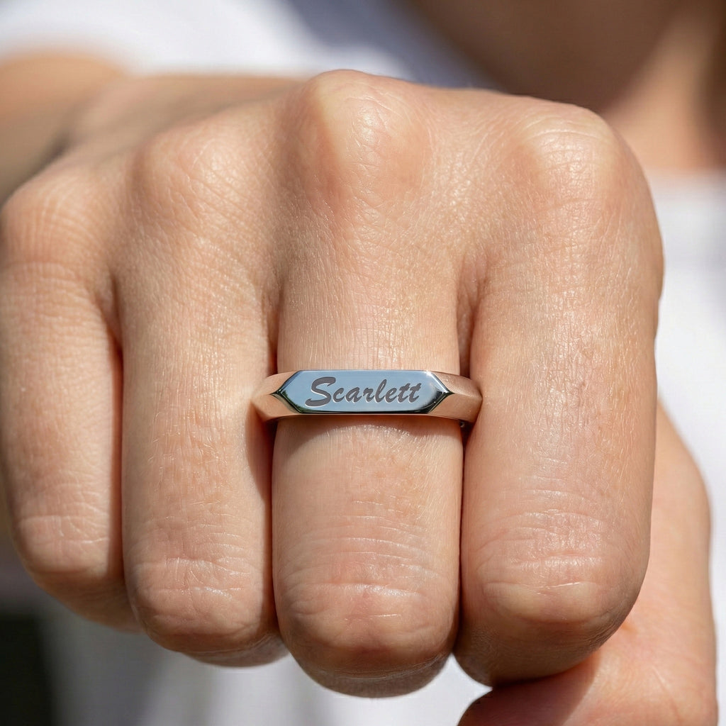Personalized Knife Edge Name Engraved Wedding Band in 14k Solid Gold, Birthday Gift for Her, Modern Customized Band, Minimal Engraved Ring