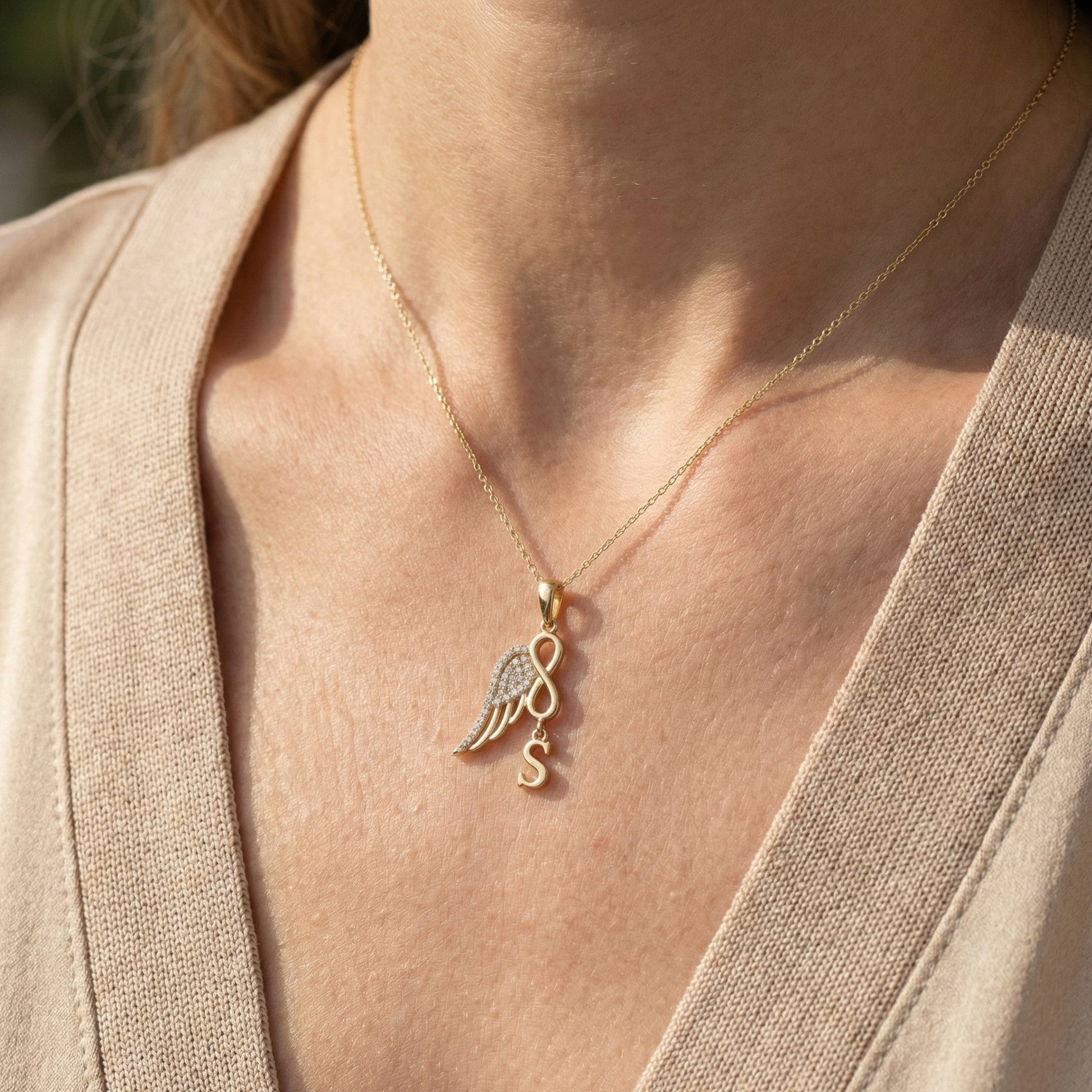 Modern Drop Initial Personalized Diamond Everyday Pendant, Angel Wing Infinity Pendant, Custom Memorial Gift for Her, Anniversary Jewelry