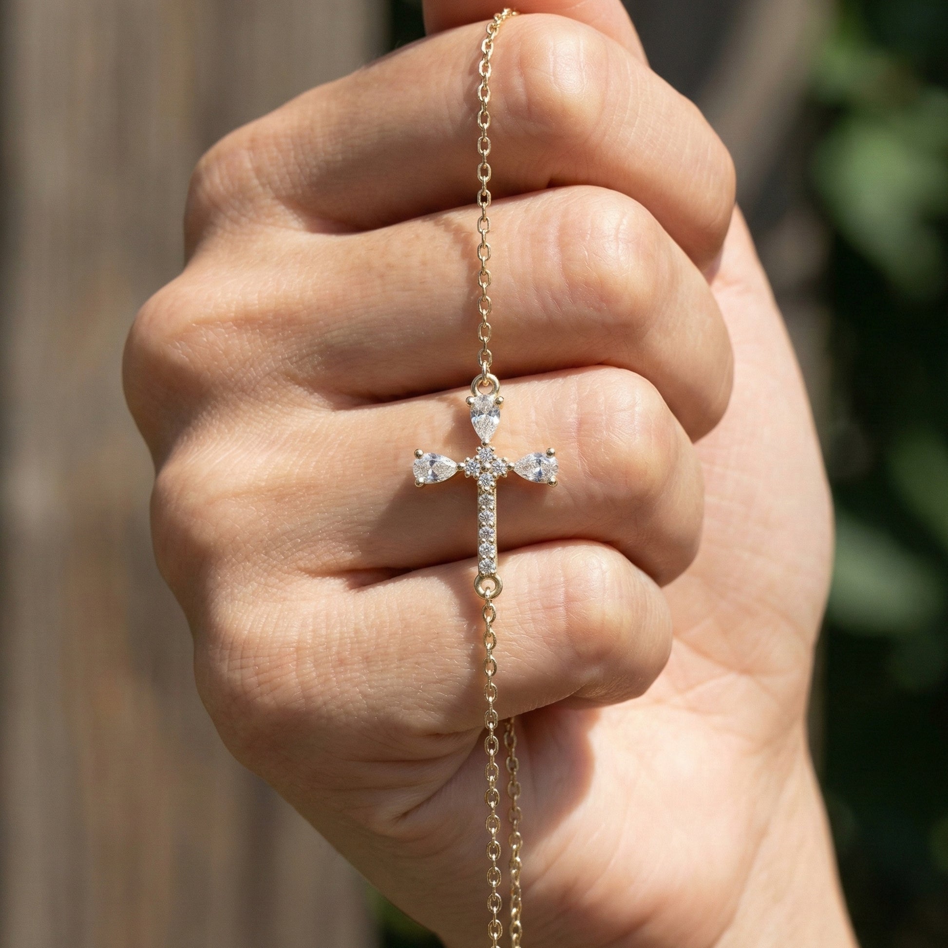 Modern Religious Cross Chain Bracelet with 14K Solid Gold, 0.75 TCW Pear Cut Lab Created Diamonds, Bridal Jewelry, Wedding Gift For Her