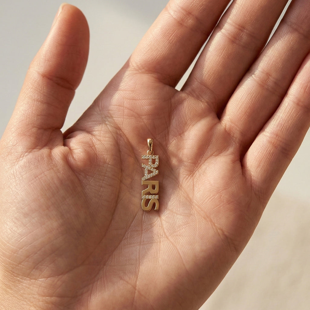 14K Solid Gold Custom Vertical Name Pendant with Diamonds, Personalized Pave Gold Fine Jewelry, Elegant Dainty Vertical Nameplate Pendant for Her