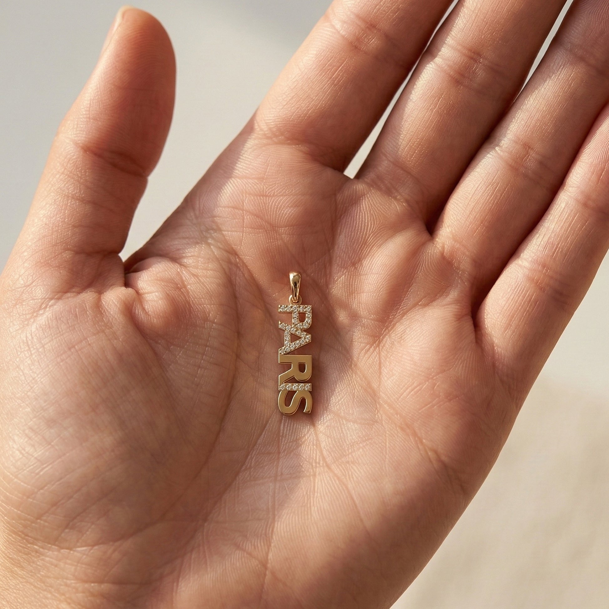 14K Solid Gold Custom Vertical Name Pendant with Diamonds, Personalized Pave Gold Fine Jewelry, Elegant Dainty Vertical Nameplate Pendant for Her