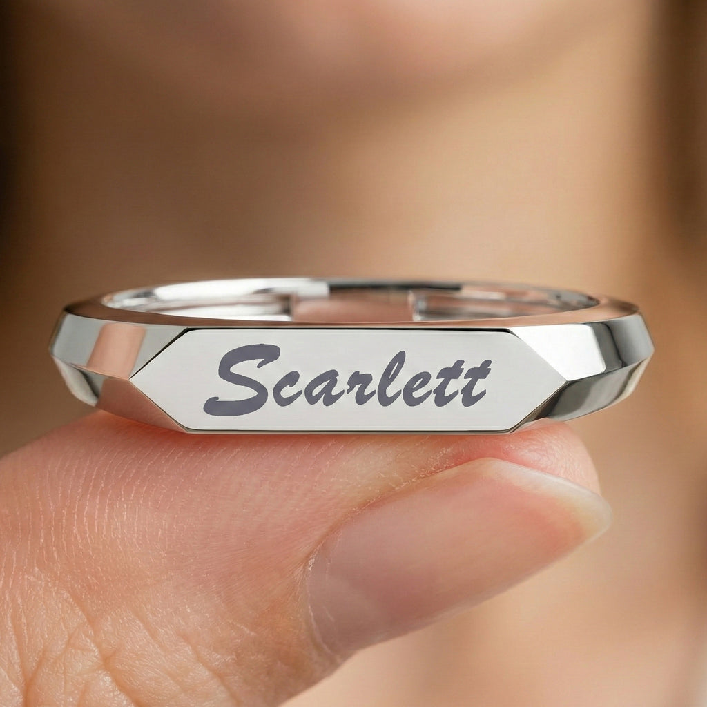 Personalized Knife Edge Name Engraved Wedding Band in 14k Solid Gold, Birthday Gift for Her, Modern Customized Band, Minimal Engraved Ring
