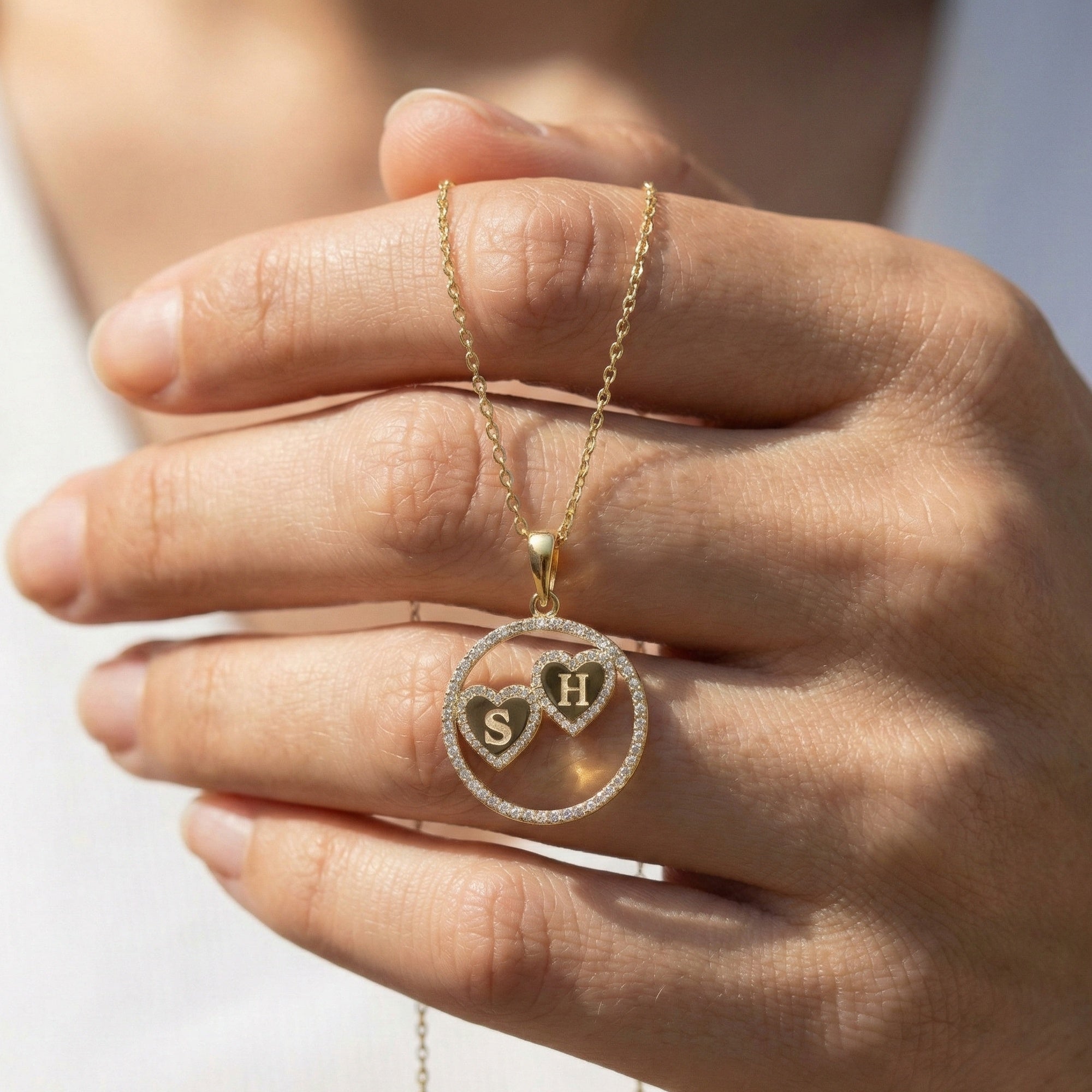 14K Solid Personalized Double Initial Signature Orbit Petite Heart Monogram Pendant, Duo Circle Custom Pendant, Romantic Gift for Wife