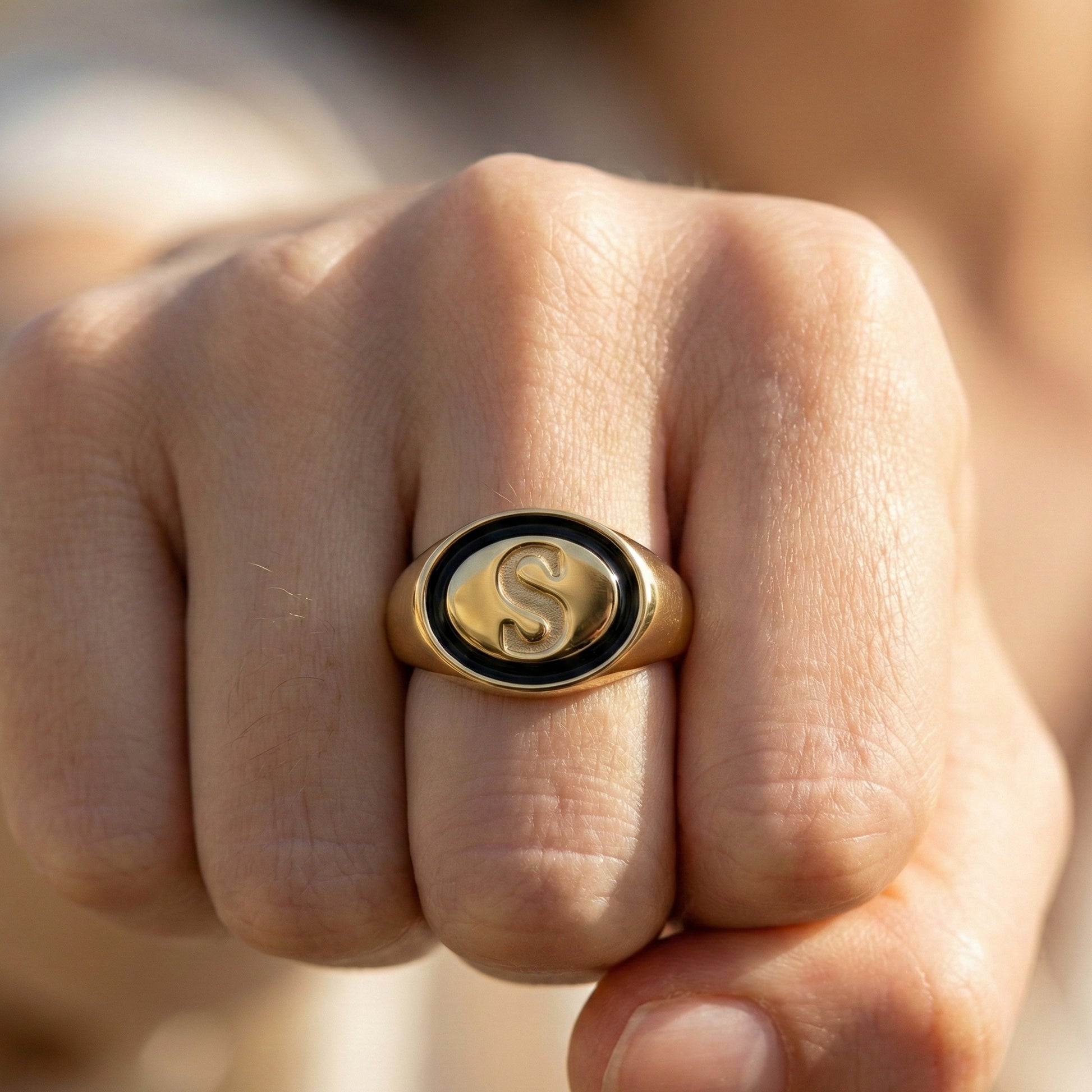Personalized Initial Alphabet Engagement Ring in 14K Solid Gold, Black Enamel Oval Signet Ring, Custom Letter Ring, Statement Jewelry Gift
