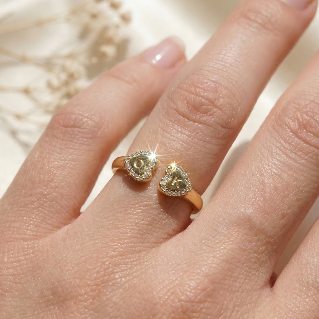 14K Solid Gold Personalized Heart Halo Initial Engagement Ring, Custom Two Letter Open Cuff Ring, Romantic Gift for Her, Diamond Initial Jewelry