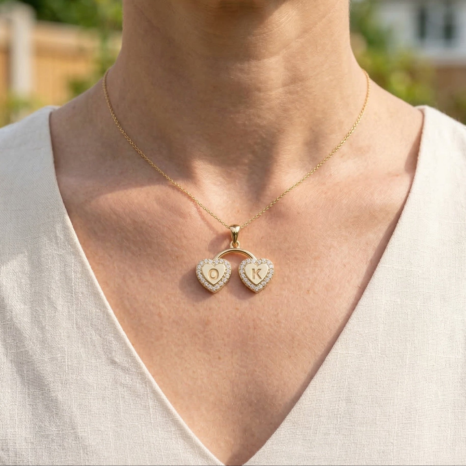 Personalized Halo Heart Monogram Pendant in 14K Solid Gold, Custom Double Initial Pendant, Gift for Her, Gold Linked Heart Pendant, Pavé Heart Jewelry, Unique Gift for Women