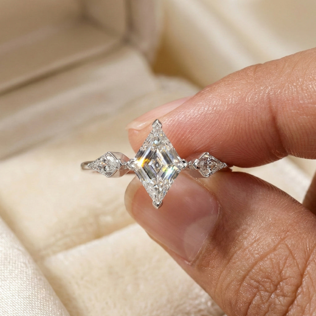 1.00 CT Lozenge Cut Three Stone Engagement Ring, Modern Trilogy Ring, Unique Geometric Bridal Jewelry, Anniversary Gift for Wife