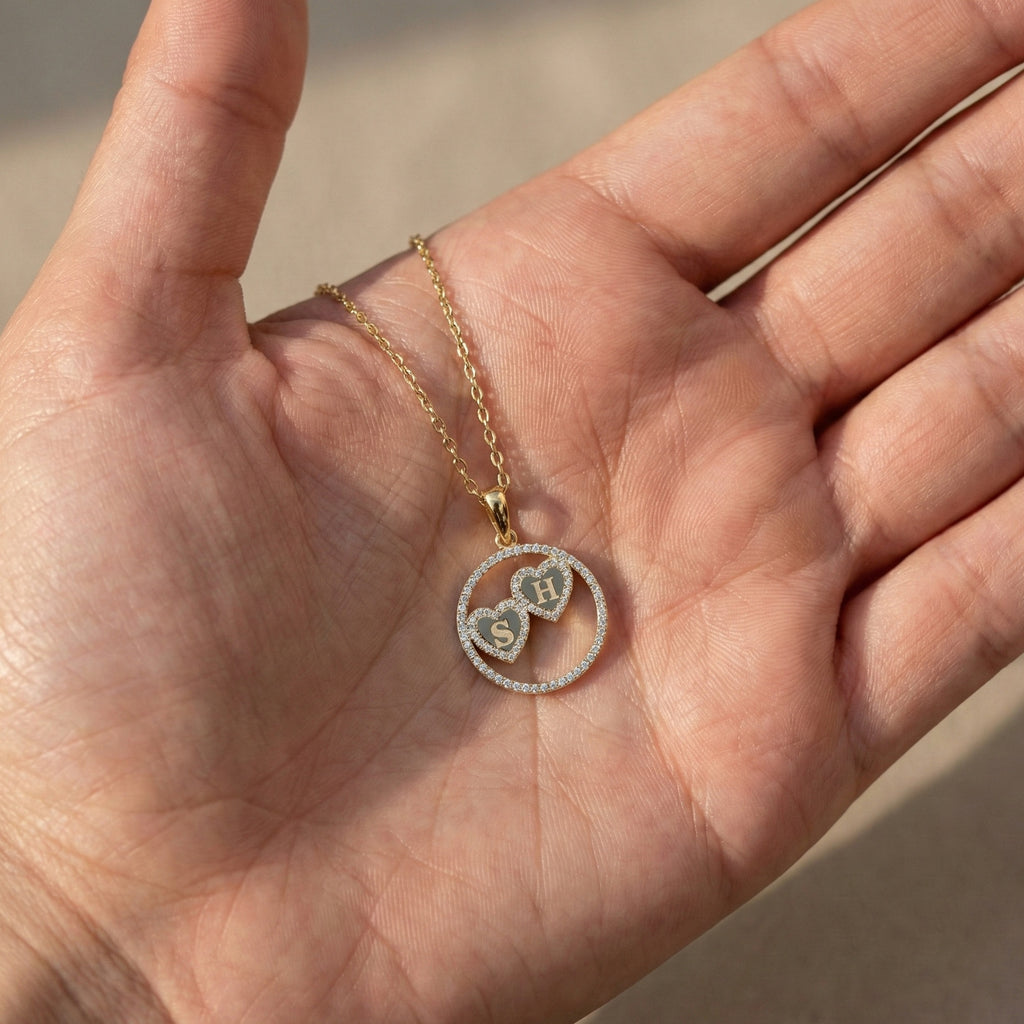14K Solid Personalized Double Initial Signature Orbit Petite Heart Monogram Pendant, Duo Circle Custom Pendant, Romantic Gift for Wife