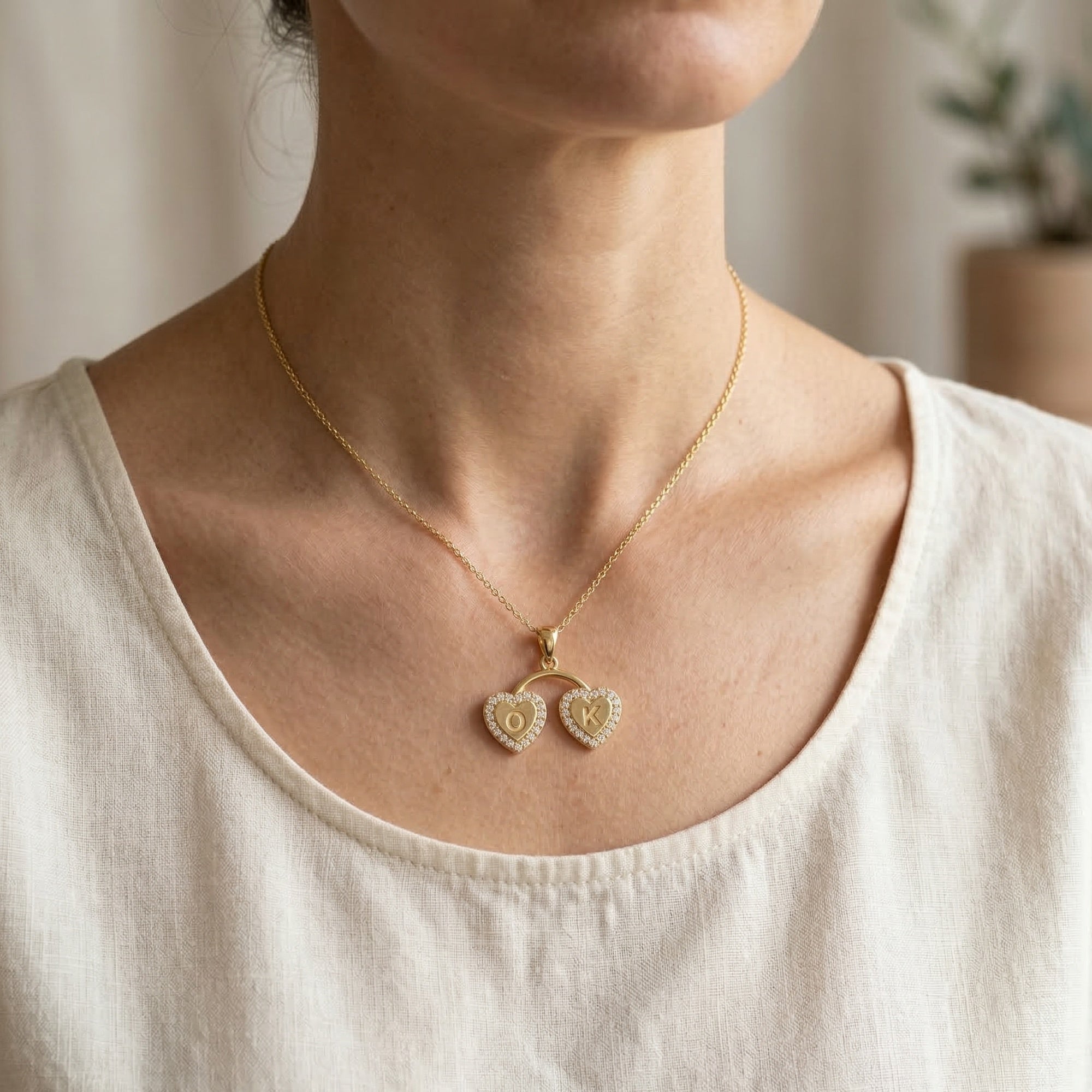 Personalized Halo Heart Monogram Pendant in 14K Solid Gold, Custom Double Initial Pendant, Gift for Her, Gold Linked Heart Pendant, Pavé Heart Jewelry, Unique Gift for Women