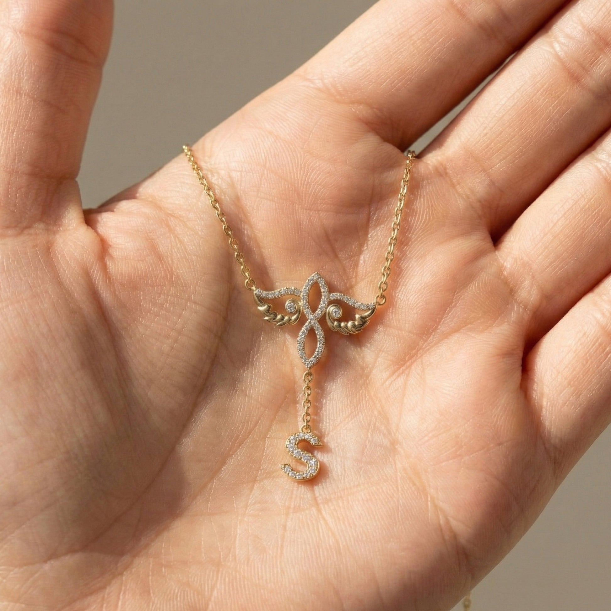 Personalized Infinity Angel Wing Initial Drop Pendant Necklace in Lab Diamond – 14K Solid Gold, Wedding Gift for Her, Modern Bridal Jewelry, Daily Wear
