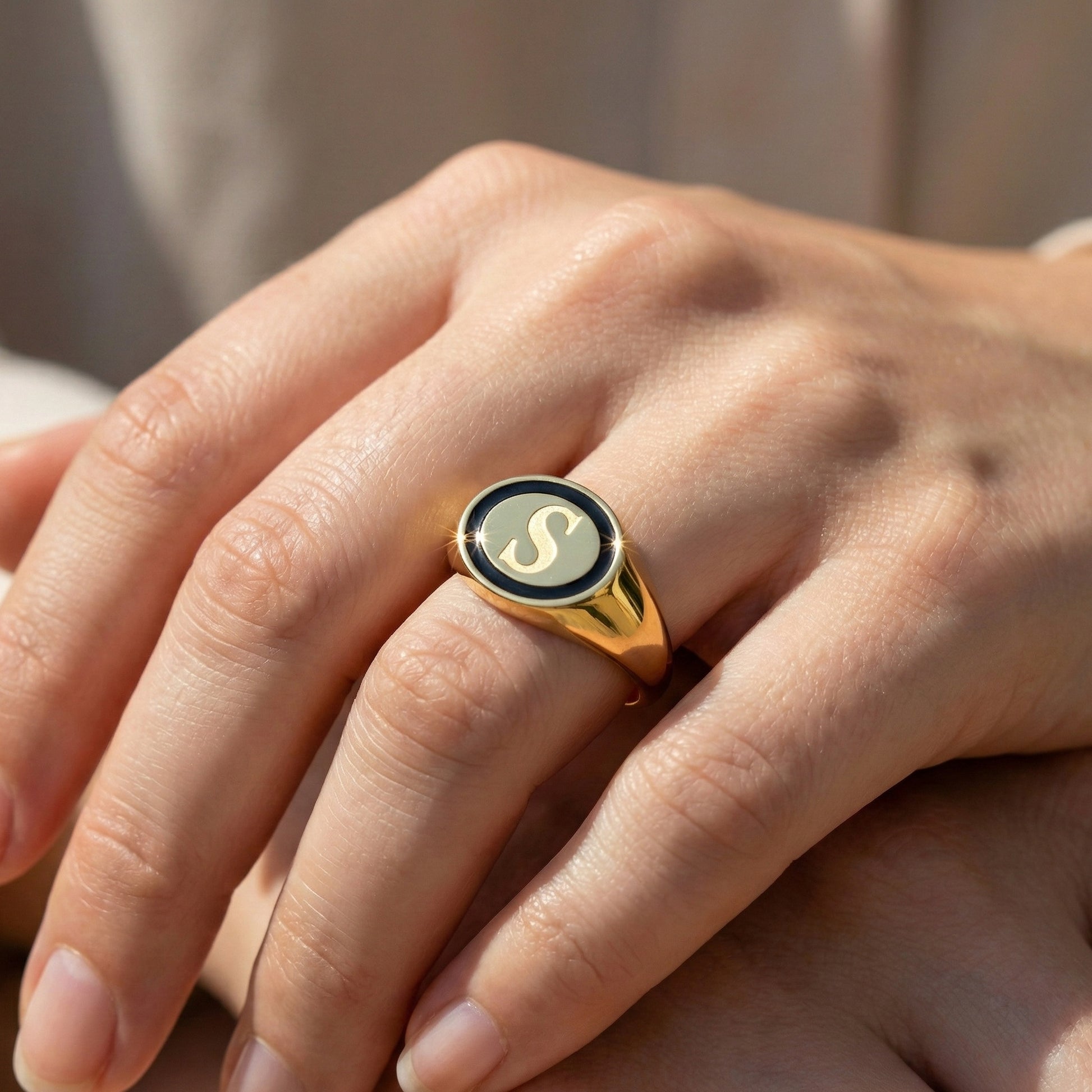 Personalized Initial Alphabet Engagement Ring in 14K Solid Gold, Black Enamel Oval Signet Ring, Custom Letter Ring, Statement Jewelry Gift