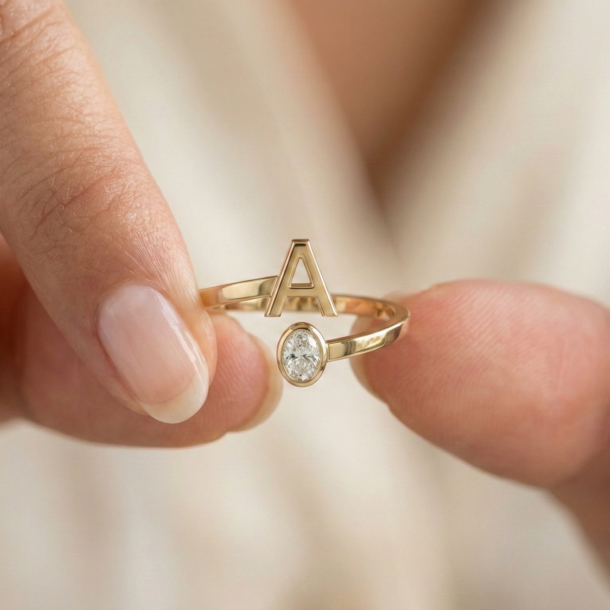 Trending Oval Cut Diamond and Initial Open Ring in 14K Solid Gold, Personalized Dainty Gold Cuff Ring, Custom Letter Bypass Jewelry, Gift for Her