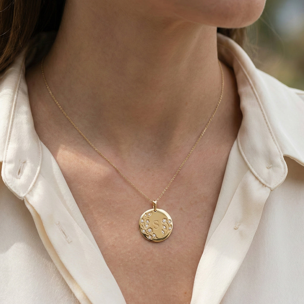 Botanical Initial Diamond Disc Pendant in 14K Solid Gold, Personalized Gold Coin Charm, Floral Letter Pendant, Custom Monogram Jewelry, Gift for Her