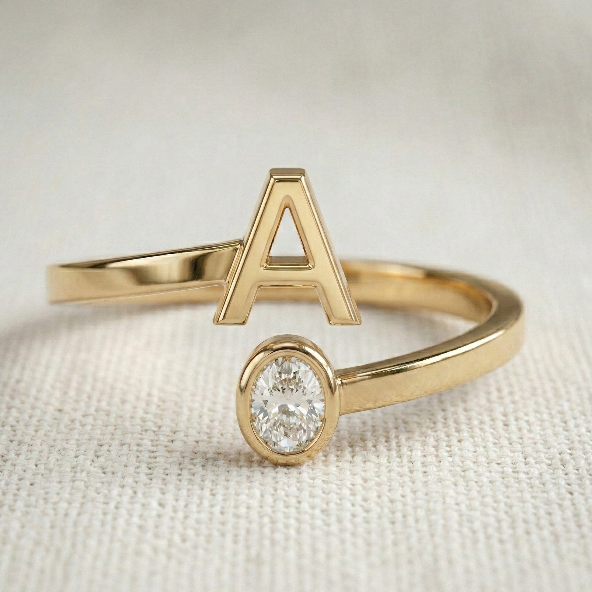 Trending Oval Cut Diamond and Initial Open Ring in 14K Solid Gold, Personalized Dainty Gold Cuff Ring, Custom Letter Bypass Jewelry, Gift for Her