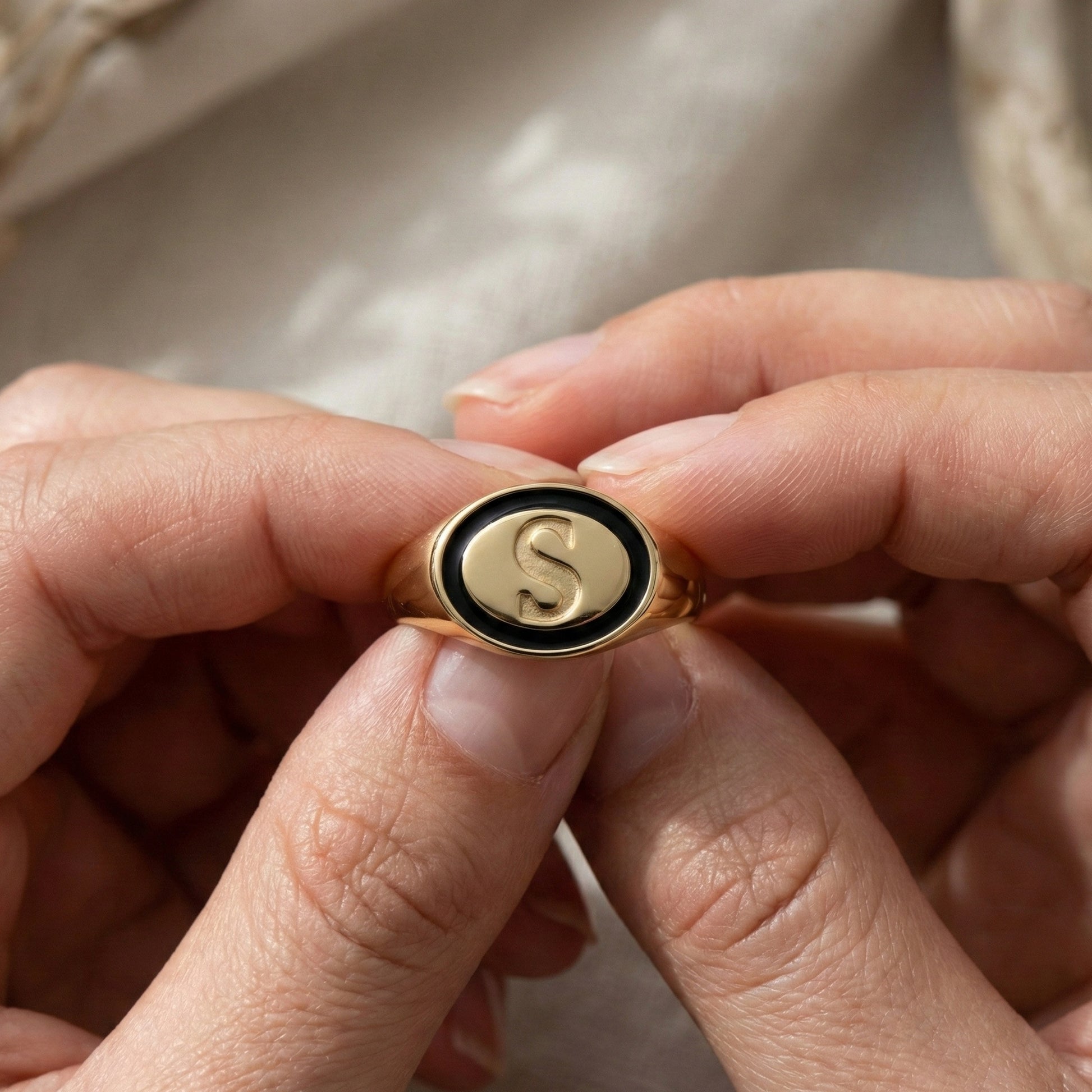 Personalized Initial Alphabet Engagement Ring in 14K Solid Gold, Black Enamel Oval Signet Ring, Custom Letter Ring, Statement Jewelry Gift