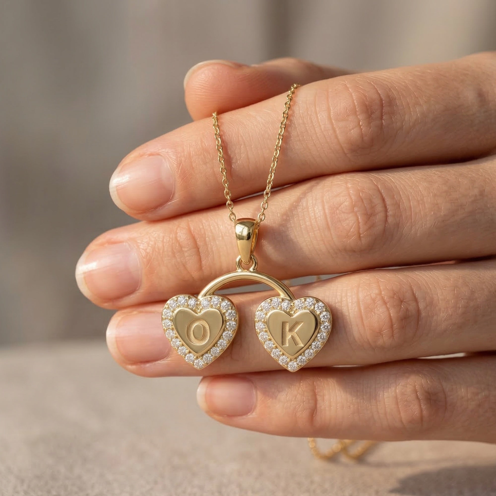 Personalized Halo Heart Monogram Pendant in 14K Solid Gold, Custom Double Initial Pendant, Gift for Her, Gold Linked Heart Pendant, Pavé Heart Jewelry, Unique Gift for Women