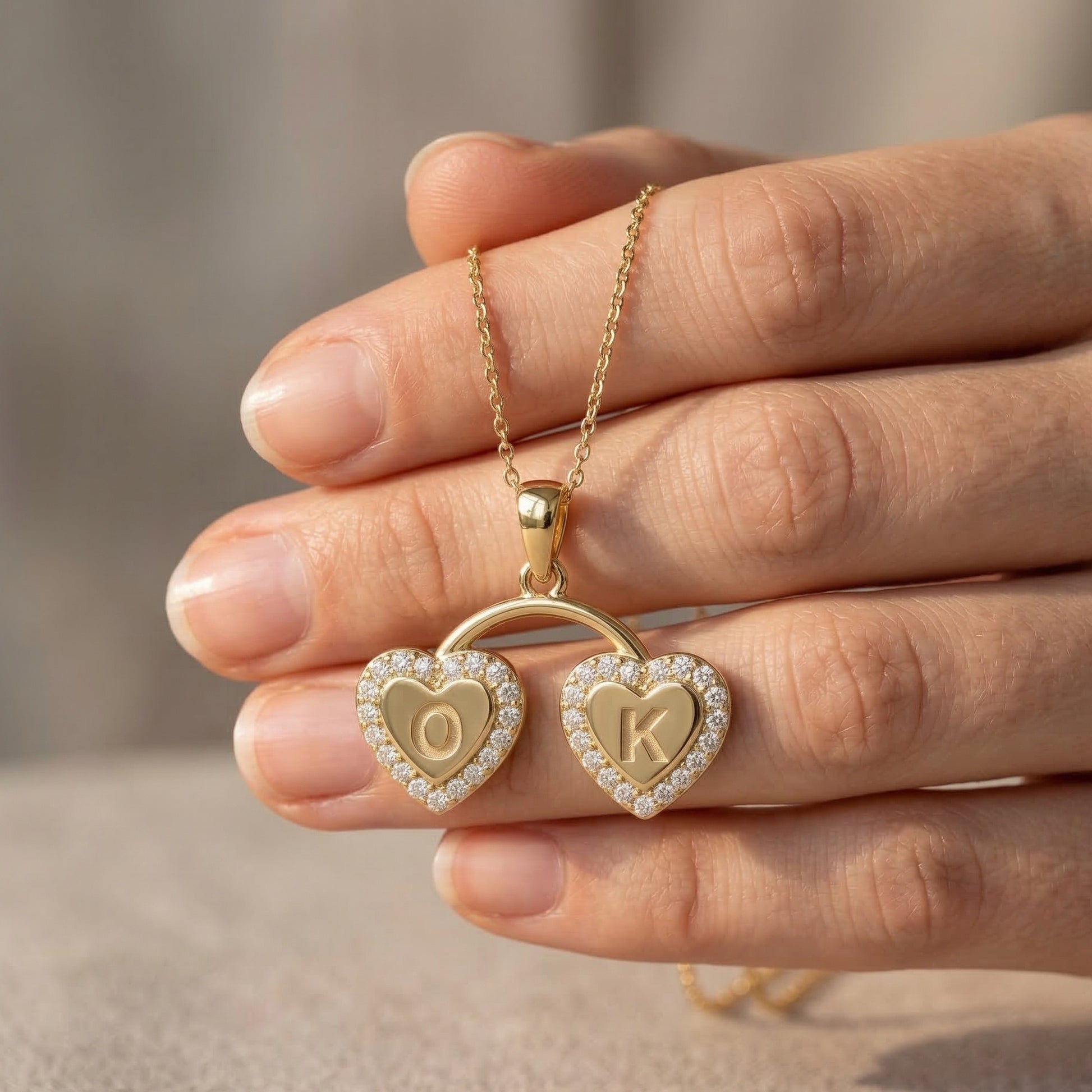 Personalized Halo Heart Monogram Pendant in 14K Solid Gold, Custom Double Initial Pendant, Gift for Her, Gold Linked Heart Pendant, Pavé Heart Jewelry, Unique Gift for Women