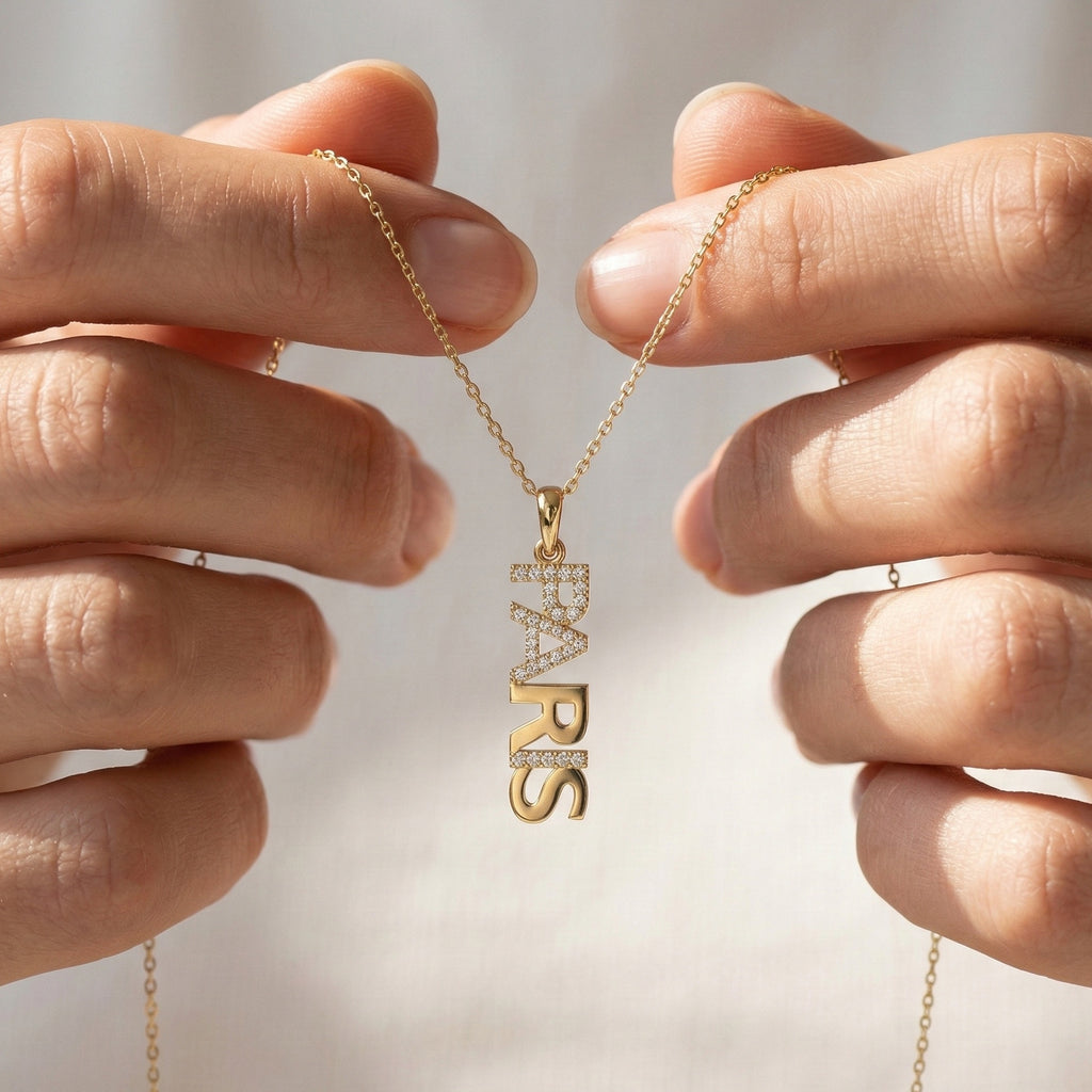 14K Solid Gold Custom Vertical Name Pendant with Diamonds, Personalized Pave Gold Fine Jewelry, Elegant Dainty Vertical Nameplate Pendant for Her