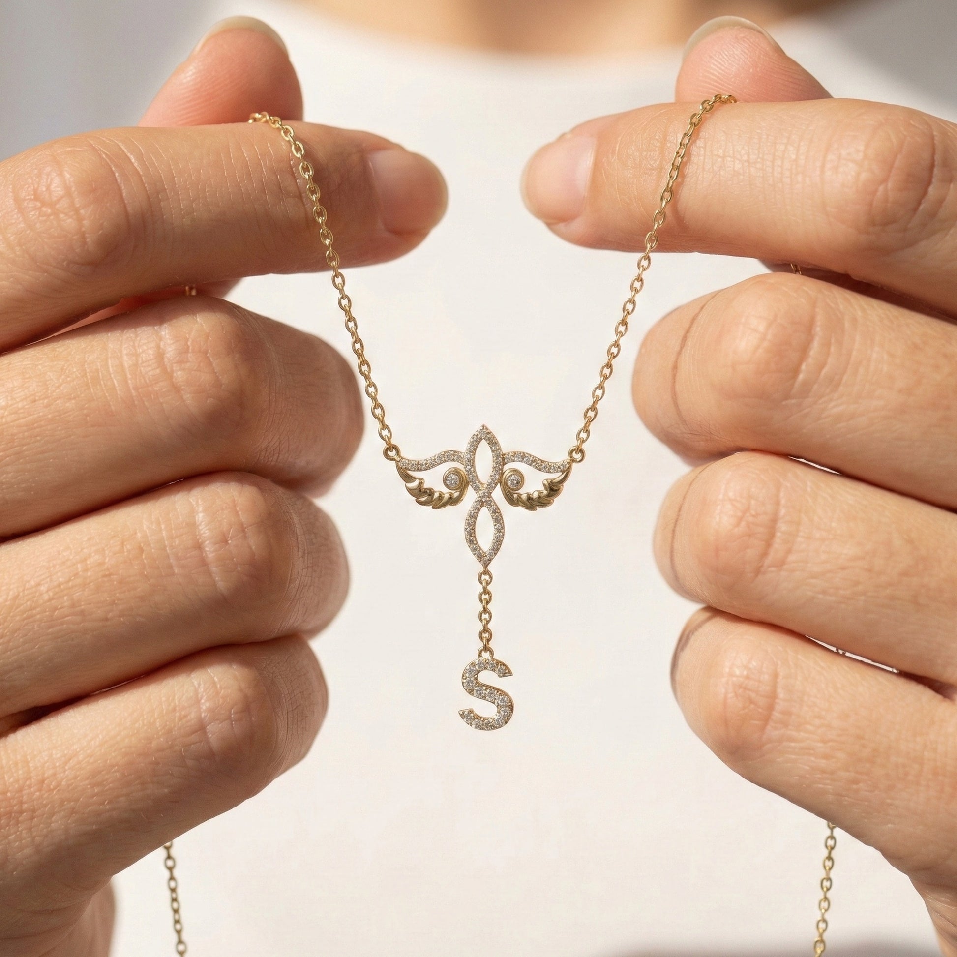 Personalized Infinity Angel Wing Initial Drop Pendant Necklace in Lab Diamond – 14K Solid Gold, Wedding Gift for Her, Modern Bridal Jewelry, Daily Wear