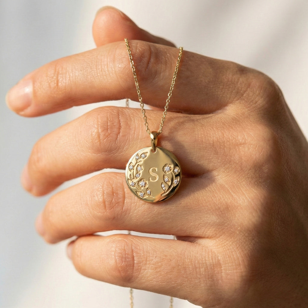 Botanical Initial Diamond Disc Pendant in 14K Solid Gold, Personalized Gold Coin Charm, Floral Letter Pendant, Custom Monogram Jewelry, Gift for Her