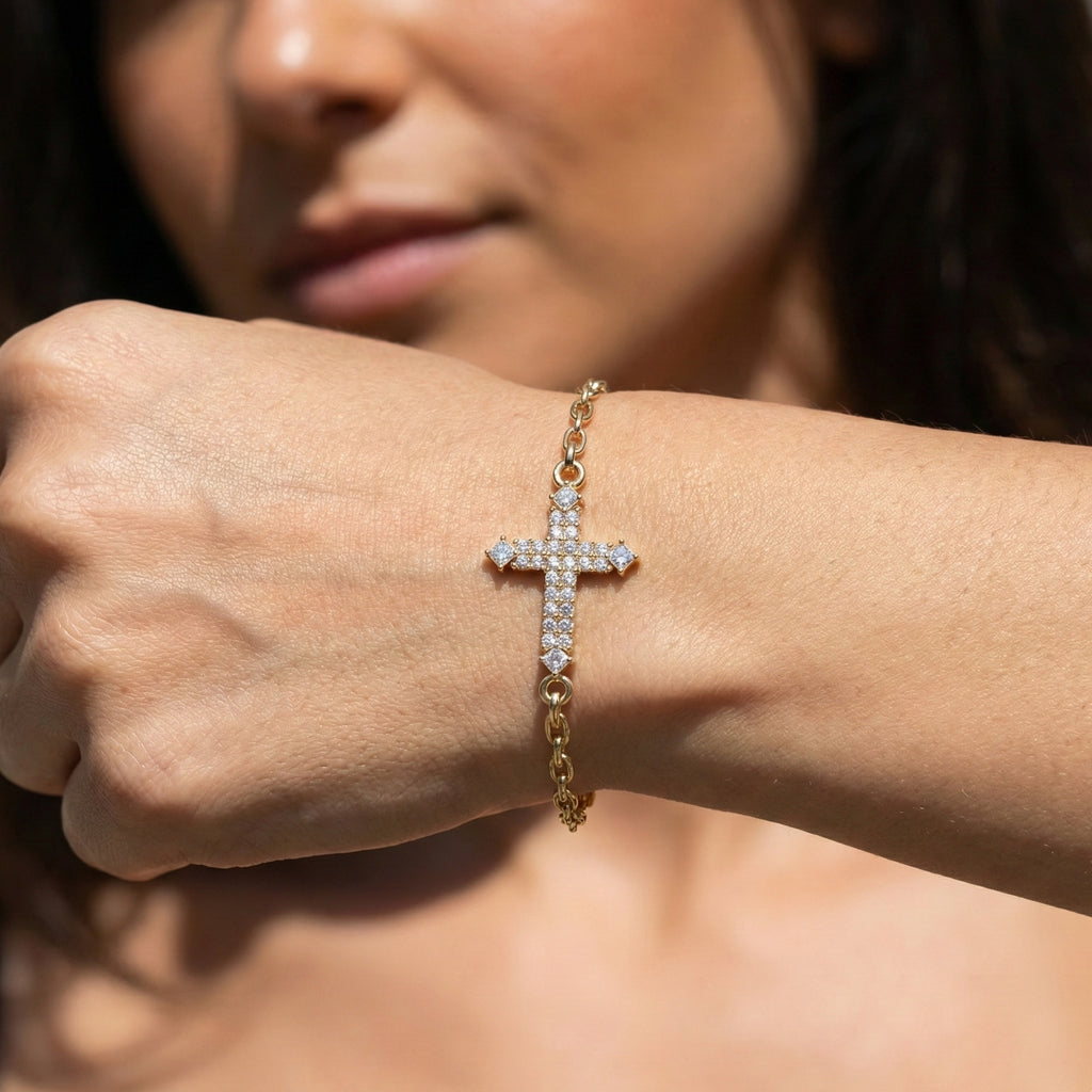 Modern Row Cross Pavé Chain Bracelet in 14K Solid Gold, 0.16 TCW Princess/Round Cut Lab Created Diamonds, Faith Bracelet, Bridal Jewelry, Wedding Gift