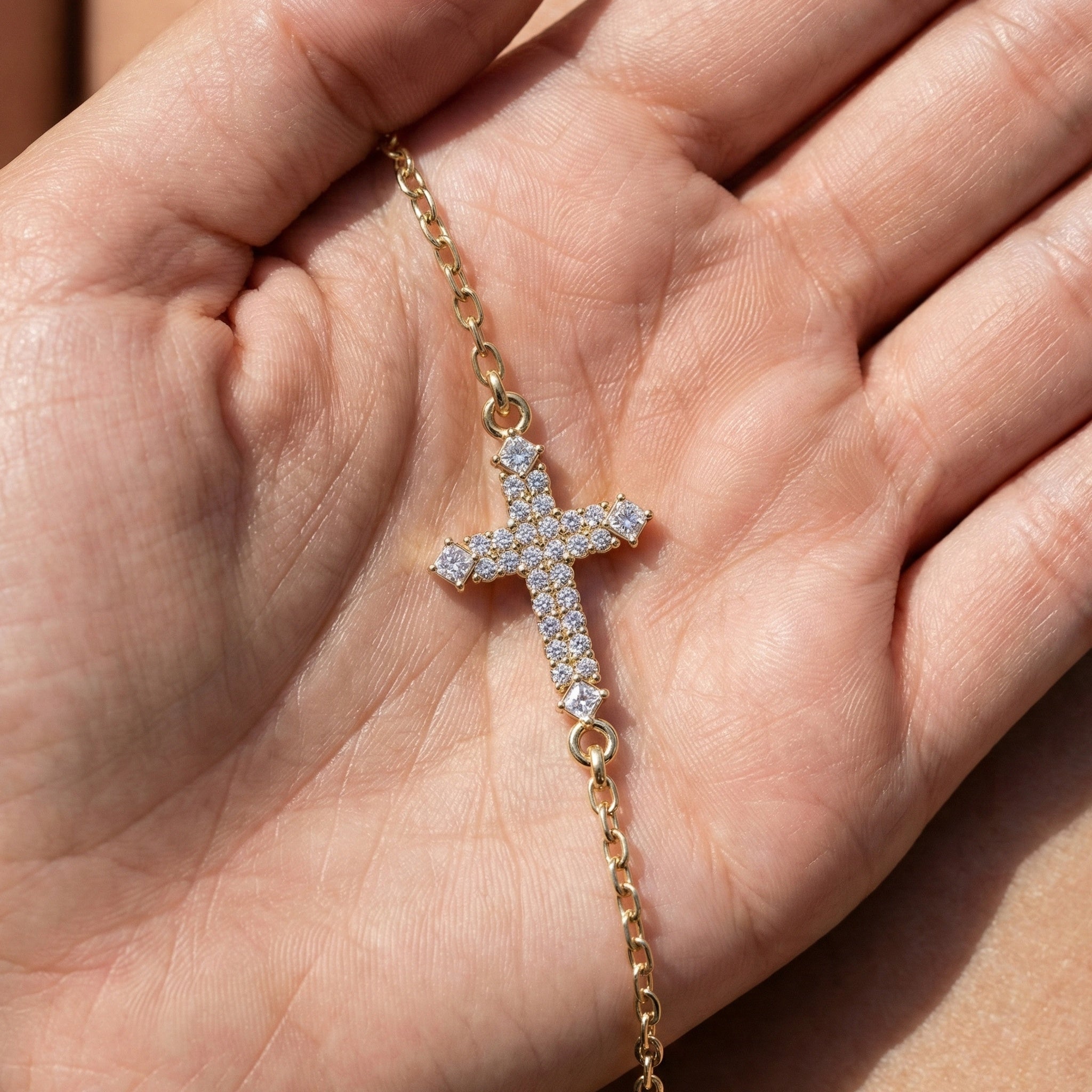 Modern Row Cross Pavé Chain Bracelet in 14K Solid Gold, 0.16 TCW Princess/Round Cut Lab Created Diamonds, Faith Bracelet, Bridal Jewelry, Wedding Gift