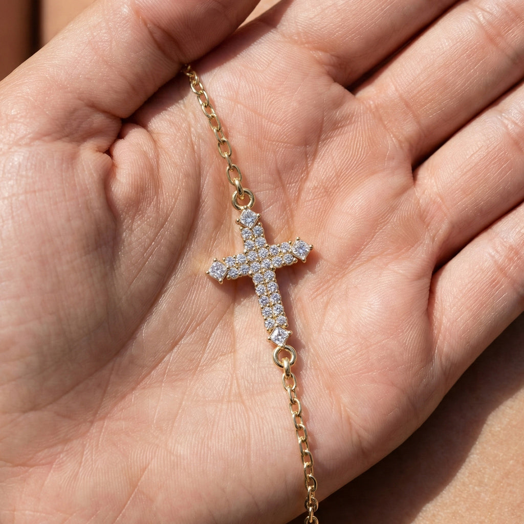 Modern Row Cross Pavé Chain Bracelet in 14K Solid Gold, 0.16 TCW Princess/Round Cut Lab Created Diamonds, Faith Bracelet, Bridal Jewelry, Wedding Gift