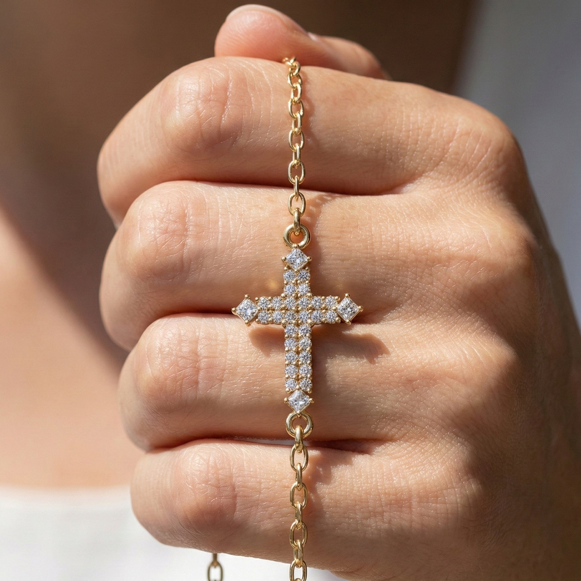 Modern Row Cross Pavé Chain Bracelet in 14K Solid Gold, 0.16 TCW Princess/Round Cut Lab Created Diamonds, Faith Bracelet, Bridal Jewelry, Wedding Gift