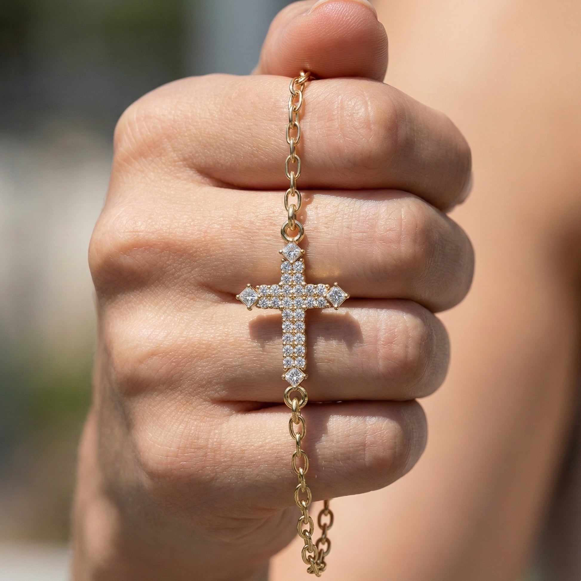 Modern Row Cross Pavé Chain Bracelet in 14K Solid Gold, 0.16 TCW Princess/Round Cut Lab Created Diamonds, Faith Bracelet, Bridal Jewelry, Wedding Gift