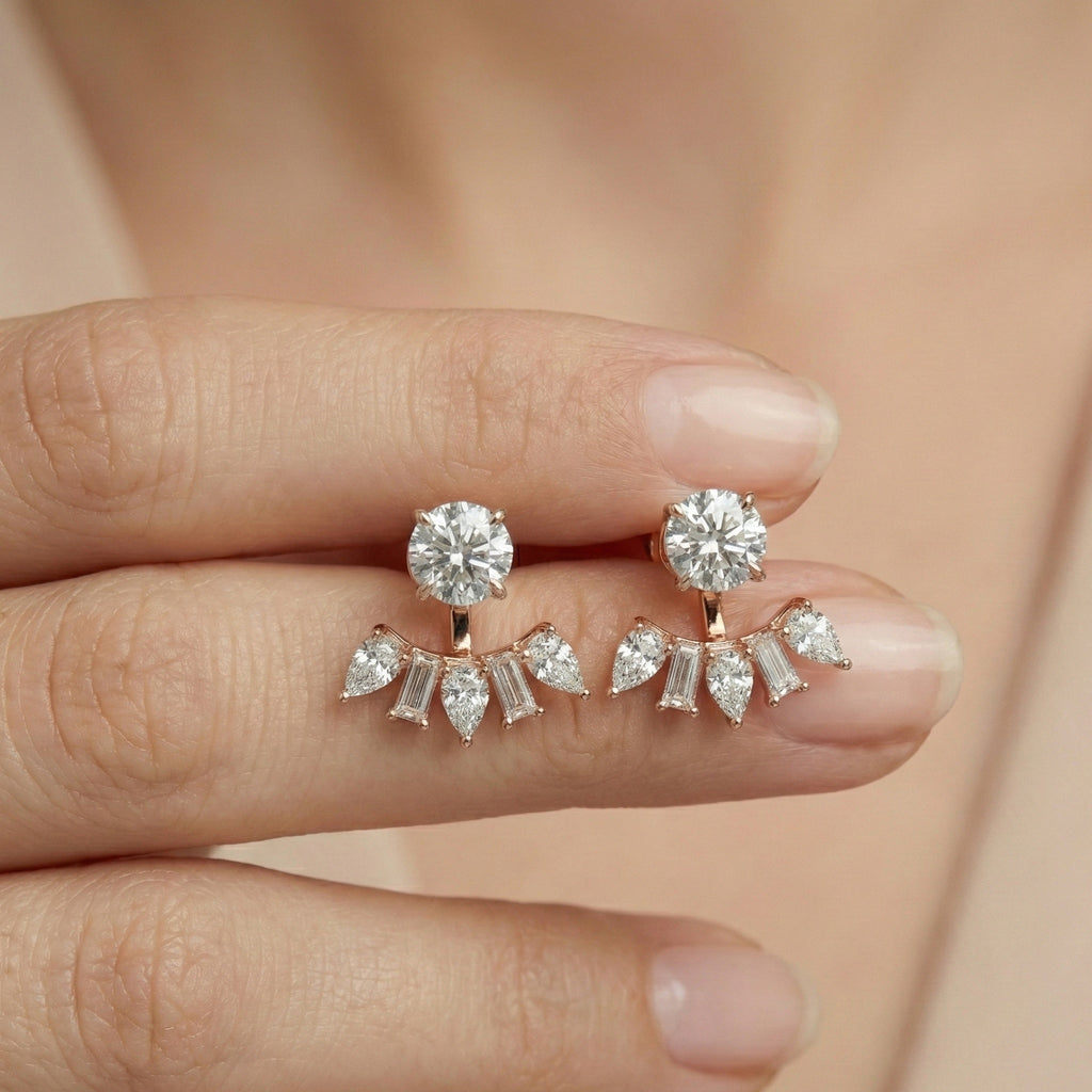 Art Deco Sunburst Ear Jacket Weddings in Lab Diamond – 14k Solid Gold, Cluster Fan Ear Jacket Earrings, Handmade Bridal Jewelry