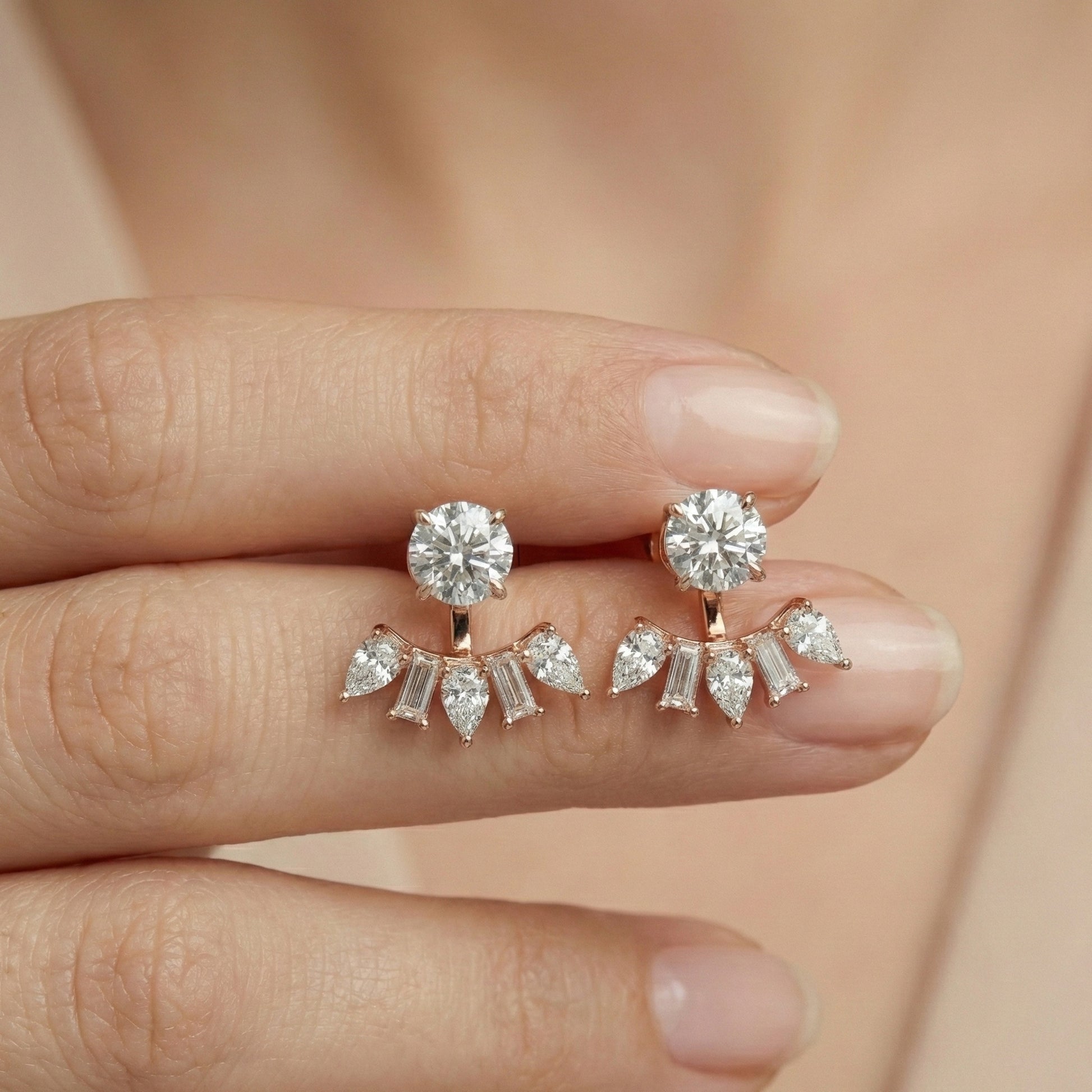 Art Deco Sunburst Ear Jacket Weddings in Lab Diamond – 14k Solid Gold, Cluster Fan Ear Jacket Earrings, Handmade Bridal Jewelry