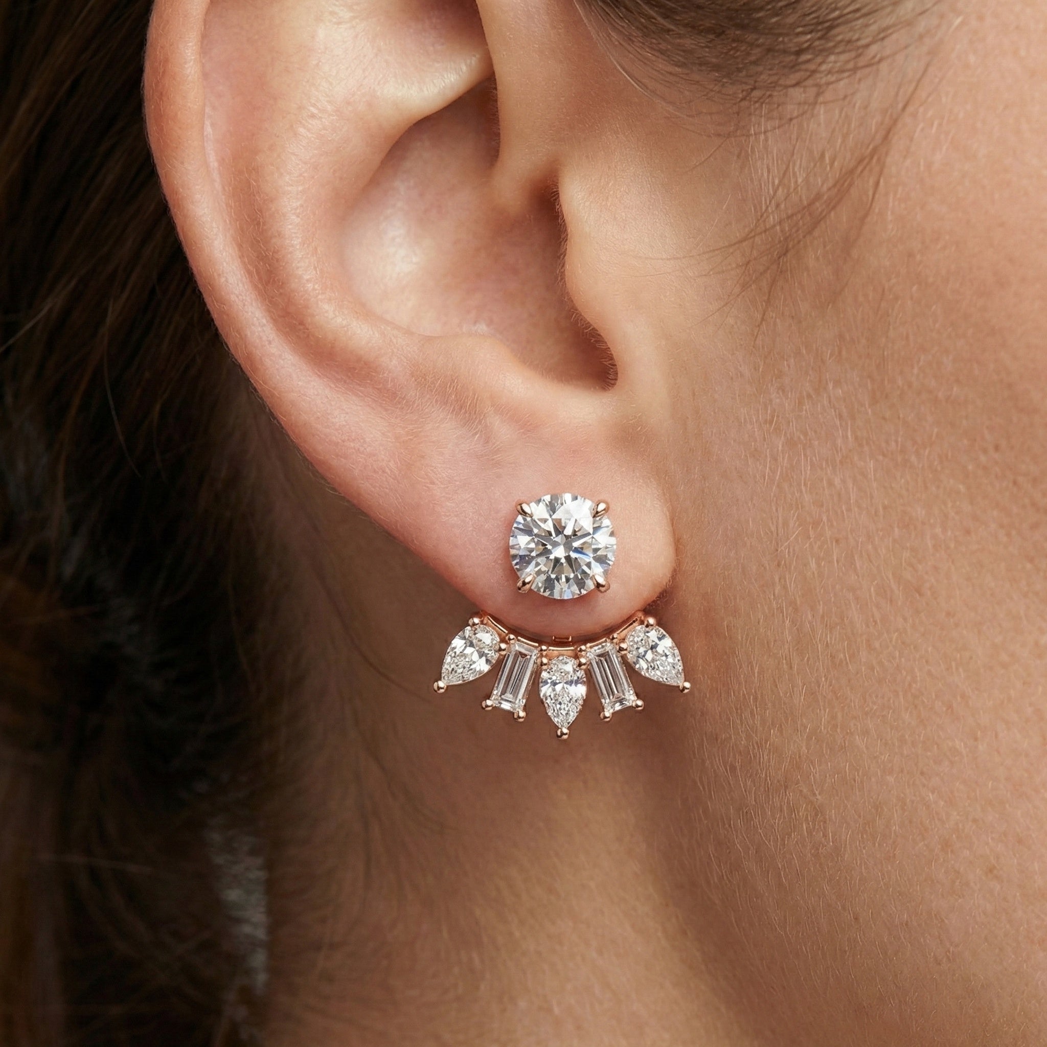 Art Deco Sunburst Ear Jacket Weddings in Lab Diamond – 14k Solid Gold, Cluster Fan Ear Jacket Earrings, Handmade Bridal Jewelry