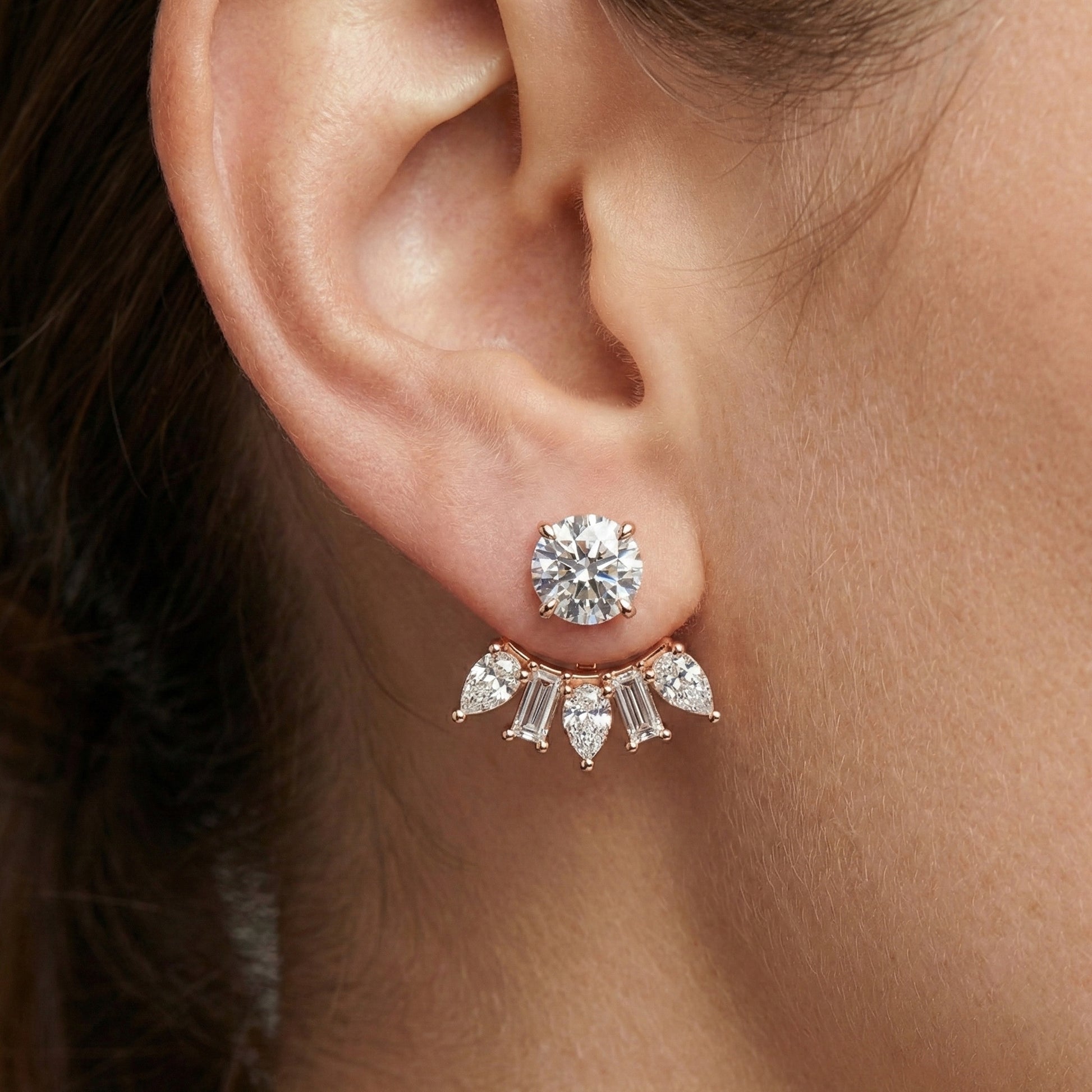 Art Deco Sunburst Ear Jacket Weddings in Lab Diamond – 14k Solid Gold, Cluster Fan Ear Jacket Earrings, Handmade Bridal Jewelry