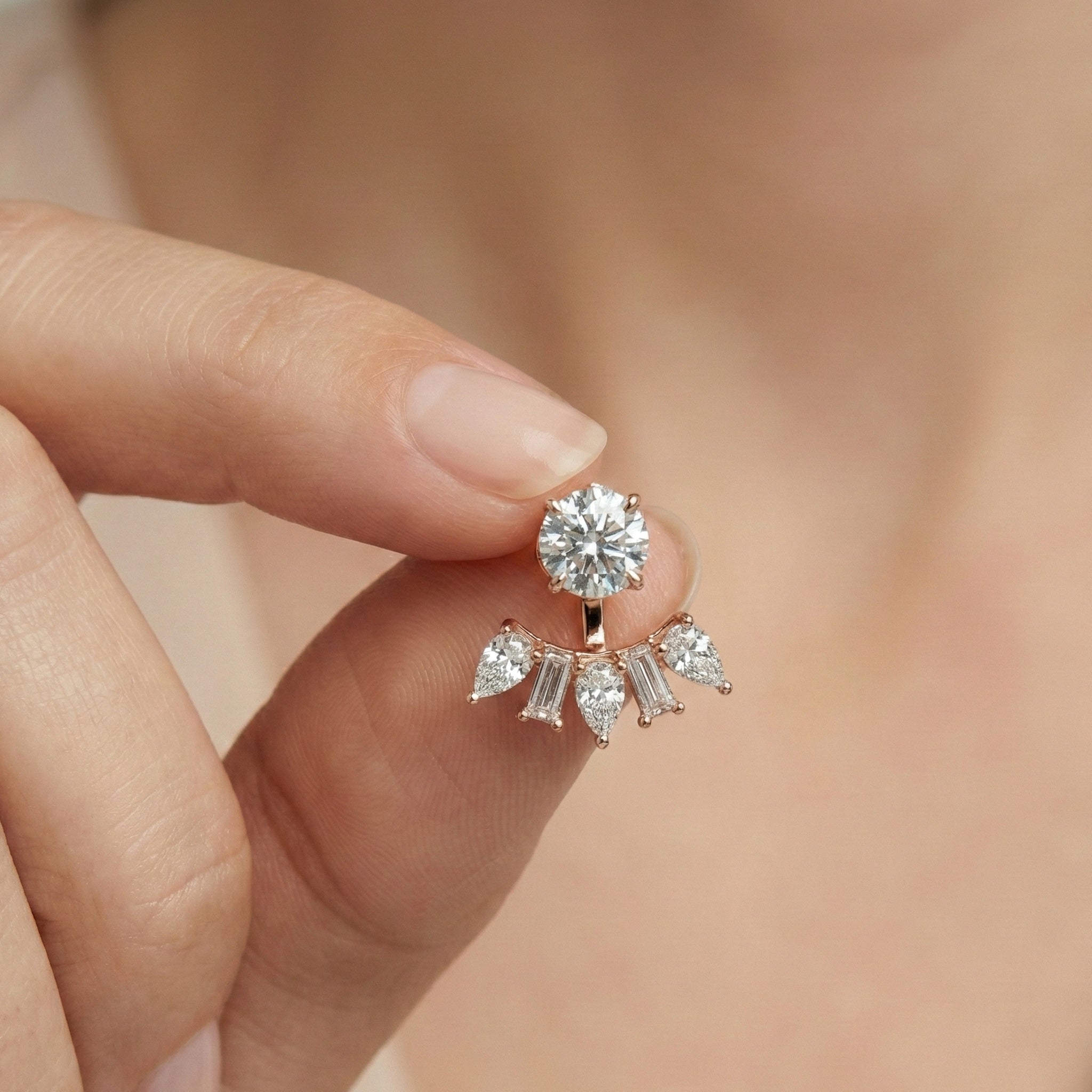 Art Deco Sunburst Ear Jacket Weddings in Lab Diamond – 14k Solid Gold, Cluster Fan Ear Jacket Earrings, Handmade Bridal Jewelry