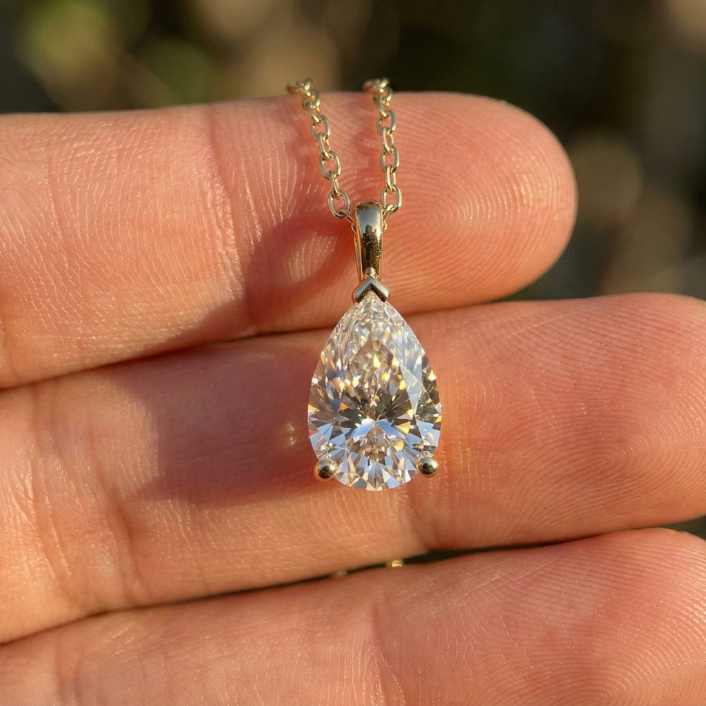 Modern Pear Drop Solitaire Pendant in 14k Solid Gold, 3.00 CT Pear Cut Lab Grown Diamond, Wedding Gift for Her, Wedding Handmade Jewelry