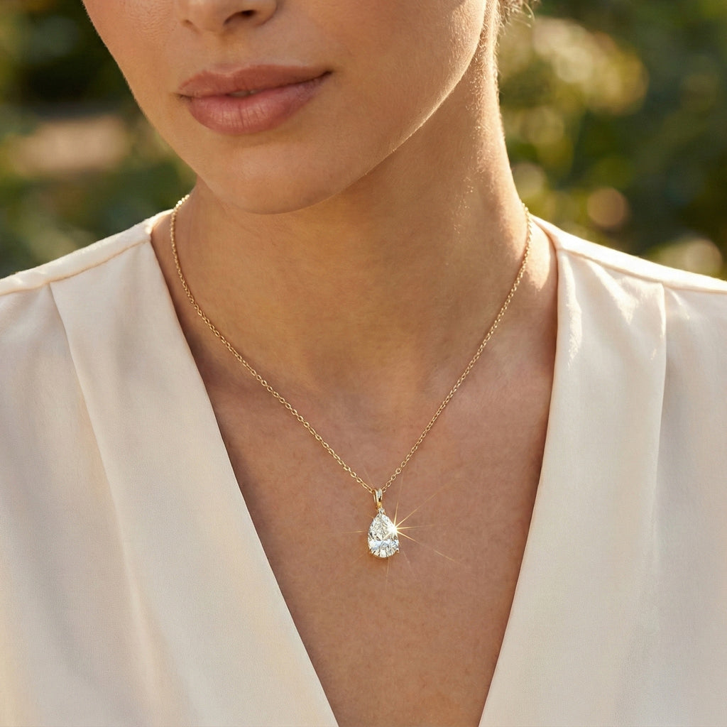 Modern Pear Drop Solitaire Pendant in 14k Solid Gold, 3.00 CT Pear Cut Lab Grown Diamond, Wedding Gift for Her, Wedding Handmade Jewelry