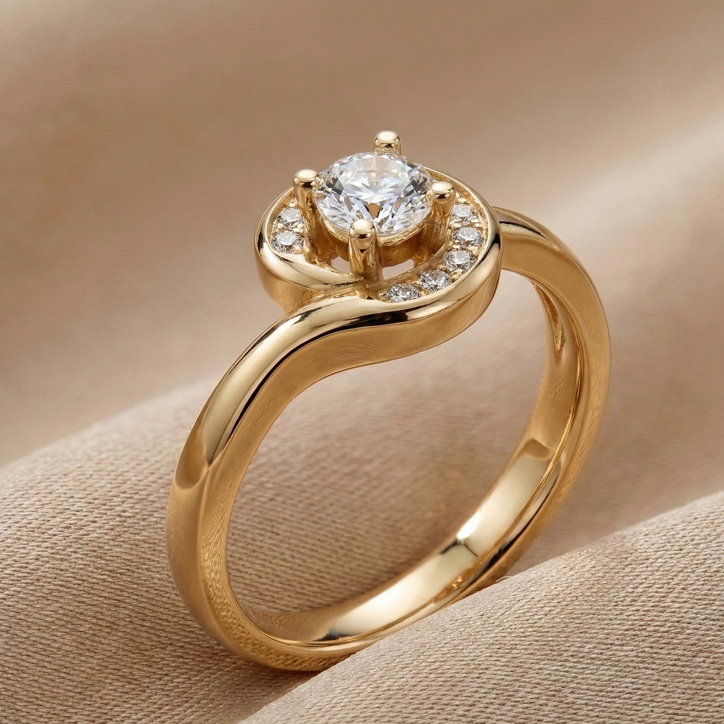 Swirl Halo Ring with Round Center in 18K Solid Gold or Sterling Silver Engagement Ring Gift for Women, Antique Ring