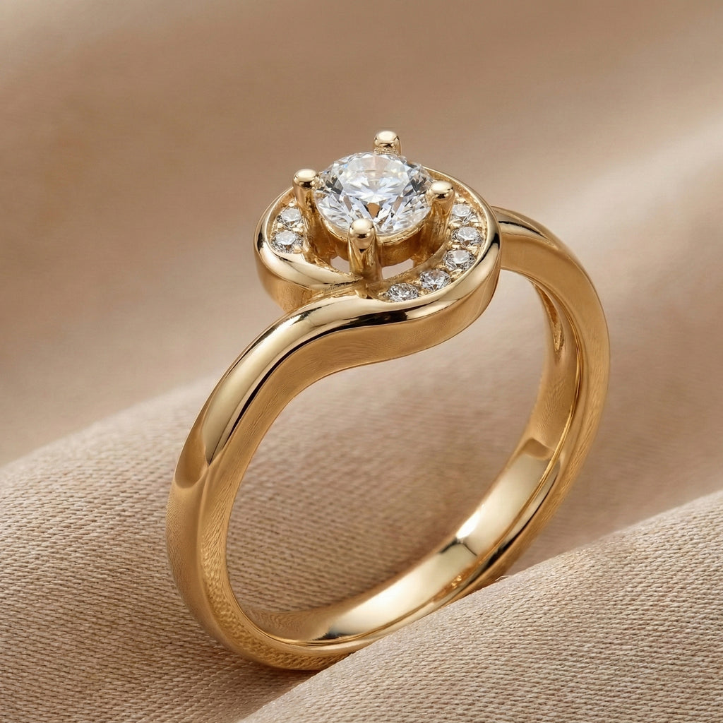 Swirl Halo Ring with Round Center in 18K Solid Gold or Sterling Silver Engagement Ring Gift for Women, Antique Ring